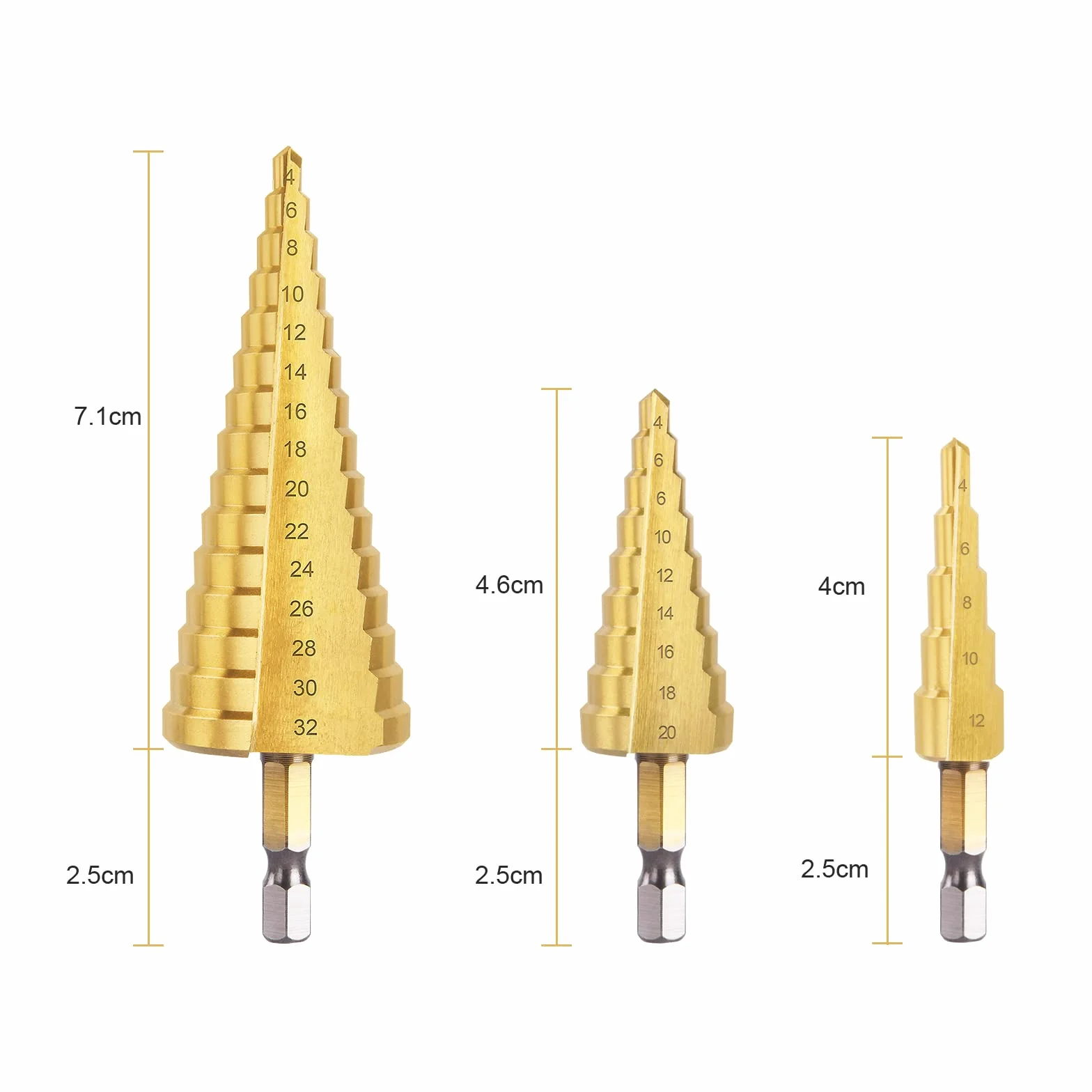 flintronic Zestaw wierteł stopniowych, 3 szt., 4 mm do 12, 20, 32 mm, ze stali szybkotnącej HSS powlekane tytanem, wiertło stożkowe z podwójnym rowkiem, do tworzywa sztucznego, drewna, metalu