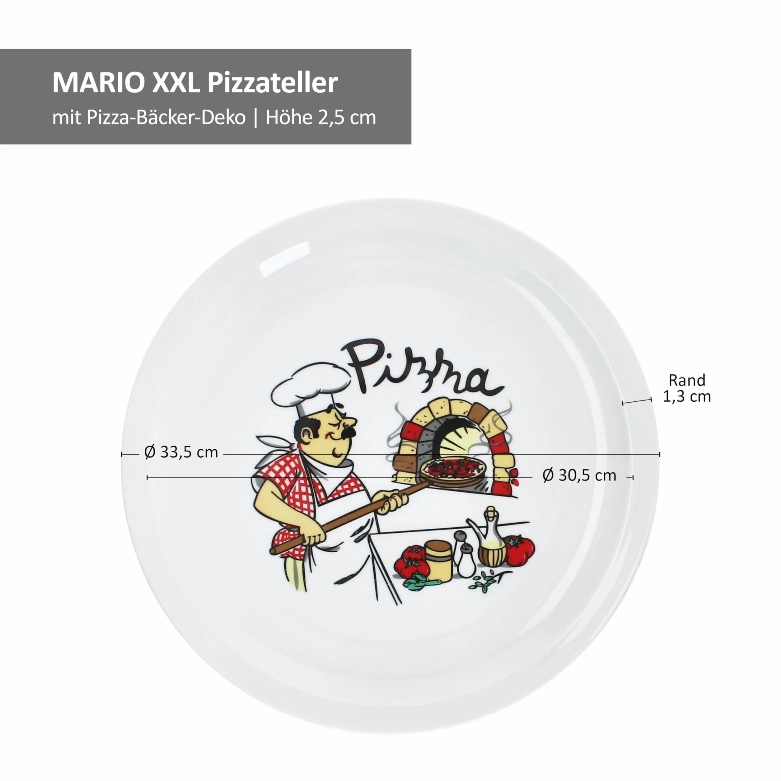 MamboCat Zestaw 6 talerzy do pizzy Mario XXL I Ø 33,5 cm I dla 6 osób I białe duże talerze do pizzy z porcelany z motywem piekarza I do pizzy lub do przyrządzania I duże talerze obiadowe, półmisek do