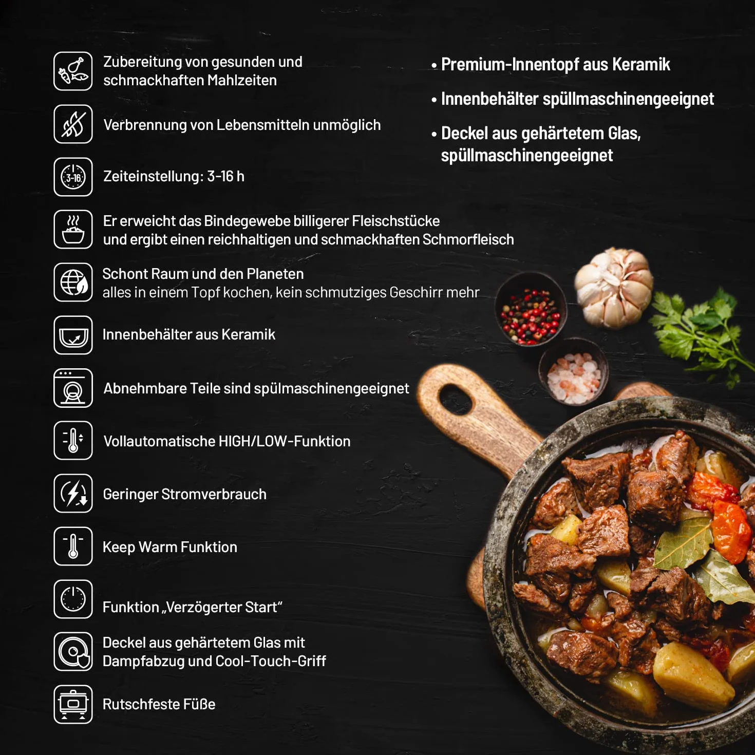Lauben Slow Cooker 3500SB wolnowar z technologią Thermeffect®, technologia SlowHeat®, książka kucharska, pojemnik wewnętrzny z ceramiki, dwa poziomy temperatury, ręczne ustawienie czasu, 3,5 l