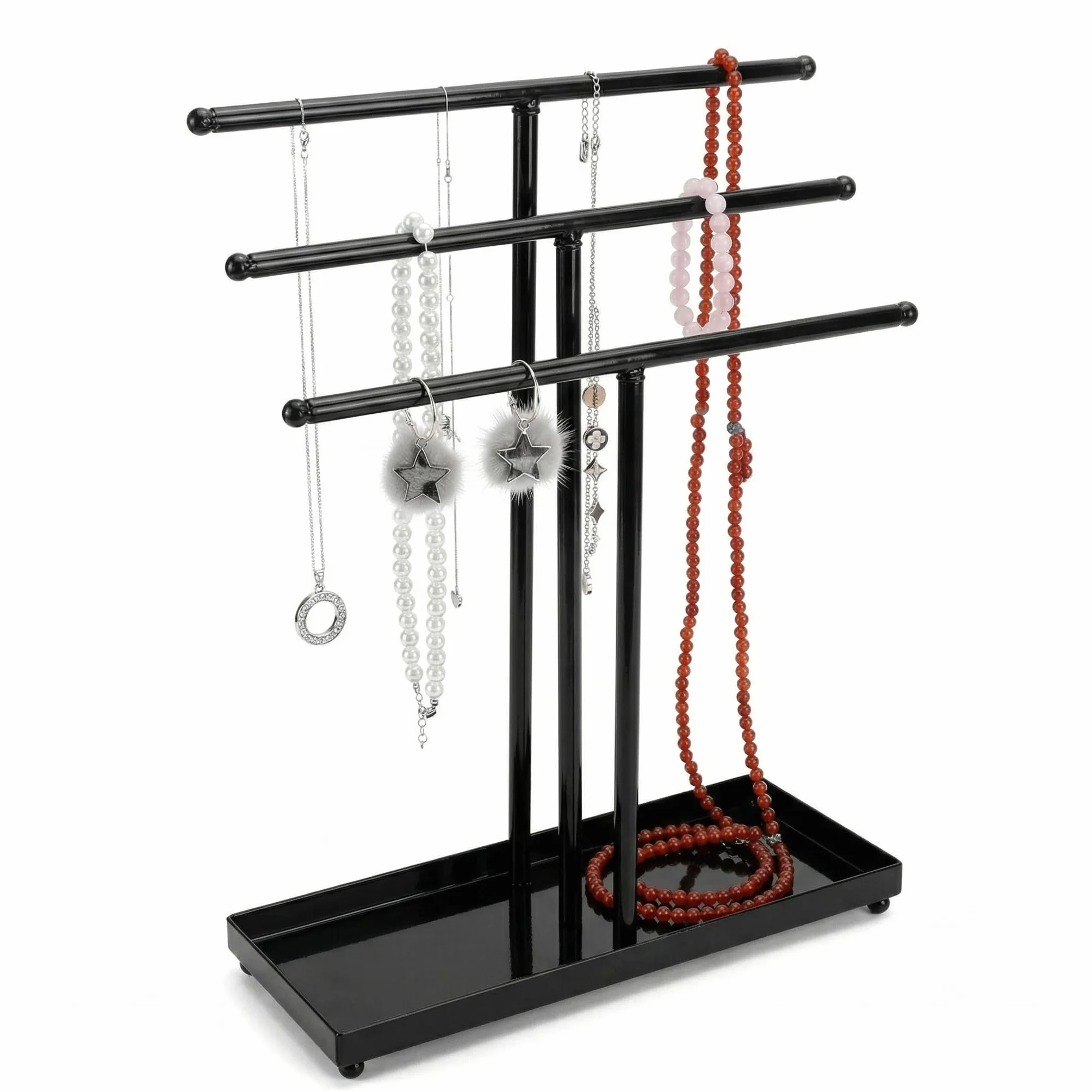 QWORK® Stojak na biżuterię 3-Tier, metalowy organizer na biżuterię na zegarki, naszyjniki, bransoletki, pierścionki, kolczyki, okulary przeciwsłoneczne i akcesoria