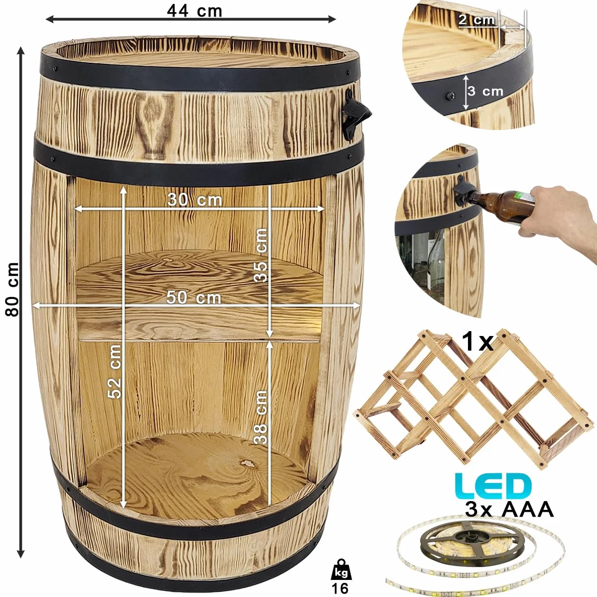 weeco Drewniany regał na wino z lampkami LED i uchwytem na wino – drewniana beczka na szklanki i butelki – beczka – szafka na wino – zestaw upominkowy – stojak na wino 80 x 50 cm
