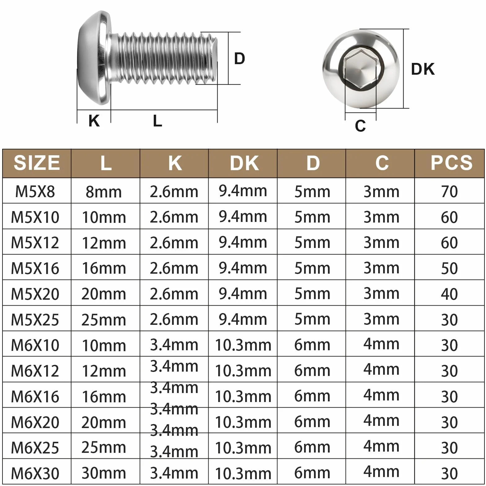 30 szt. M6 x 12 mm śruby z łbem soczewkowym z łbem sześciokątnym 304 stal szlachetna śruby z łbem płaskim okrągłym