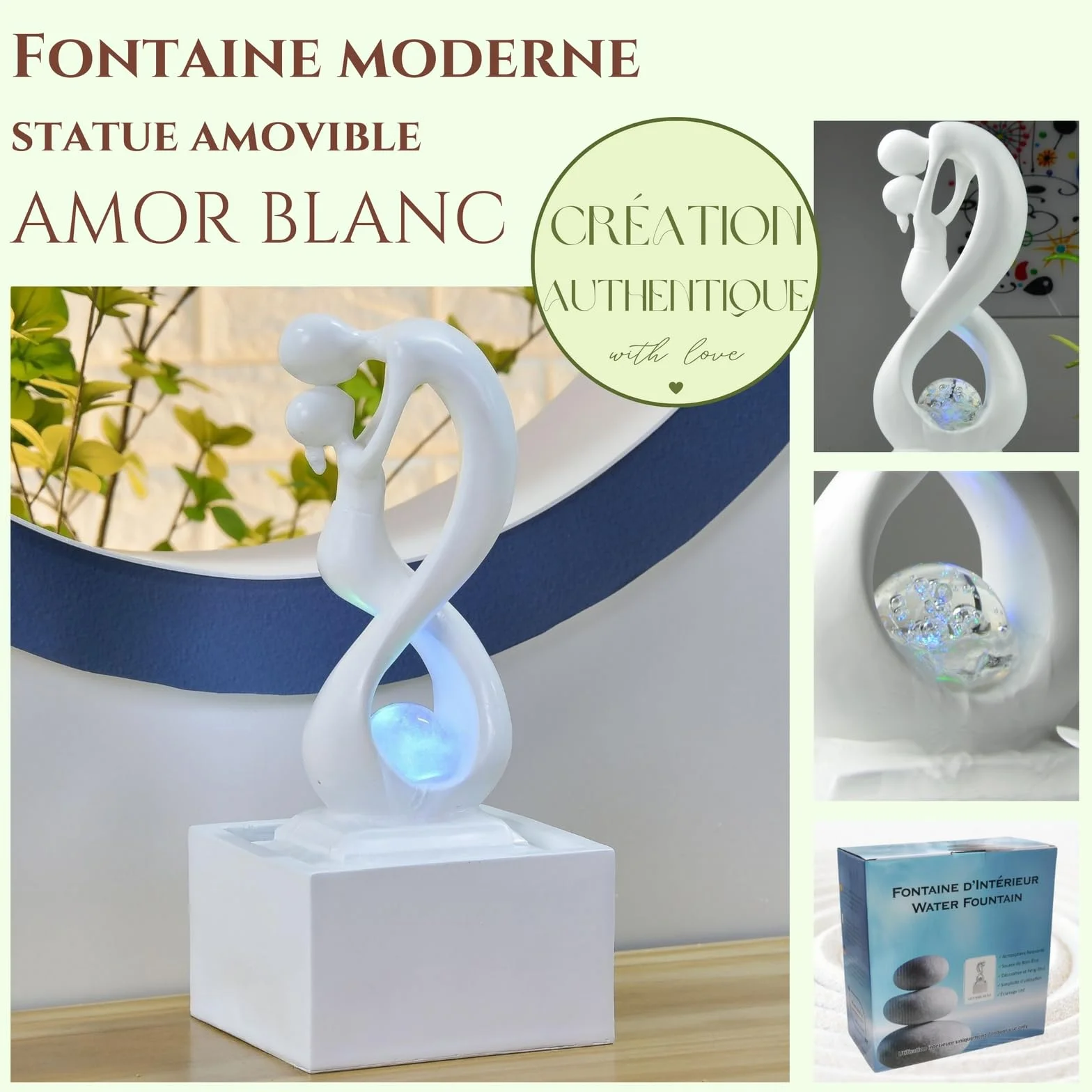 Zen'Light - Nowoczesna fontanna wewnętrzna Amor White z kolorowym światłem LED - Wystrój w stylu sztuki współczesnej, idealna medytacja i relaks - Oryginalny design Obrotowa kula zamknięta -