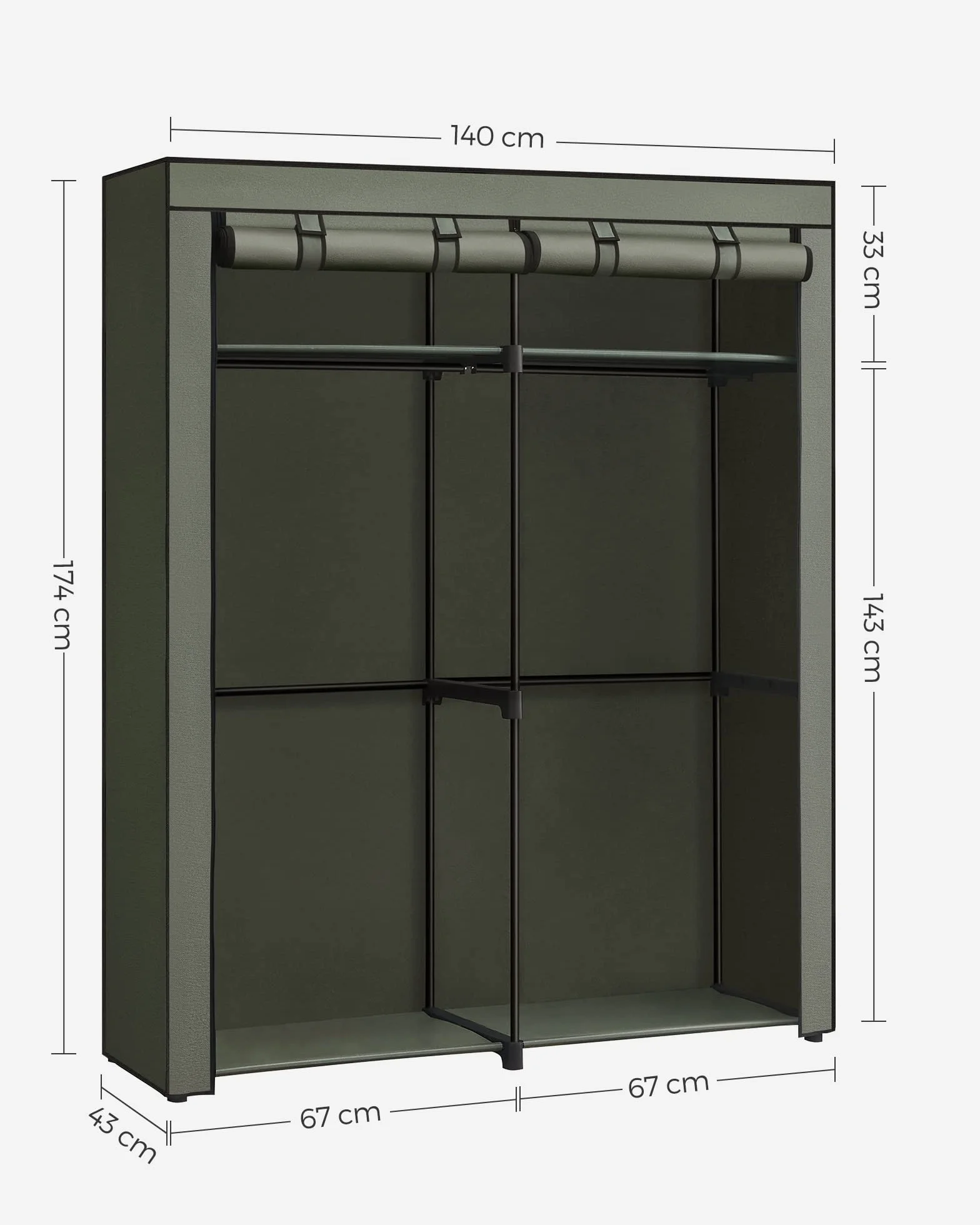 SONGMICS RYG002C02 Szafa na ubrania, garderoba z 2 drążkami na ubrania, szafa z materiału, wieszak na ubrania, składana, do garderoby, sypialni, 43 x 140 x 174 cm, czarna