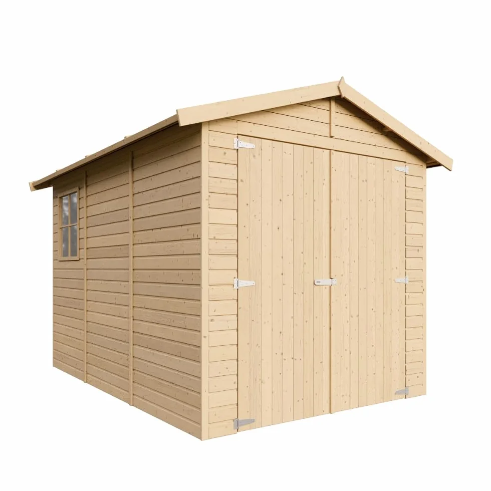 Drewniany garaż – pomieszczenie gospodarcze z oknami, wys. 222 x 244 x 320 cm/6 m², konstrukcja panelowa z naturalnego drewna, warsztat ogrodowy, szopa samochodowa i na narzędzia – IMBELA M105