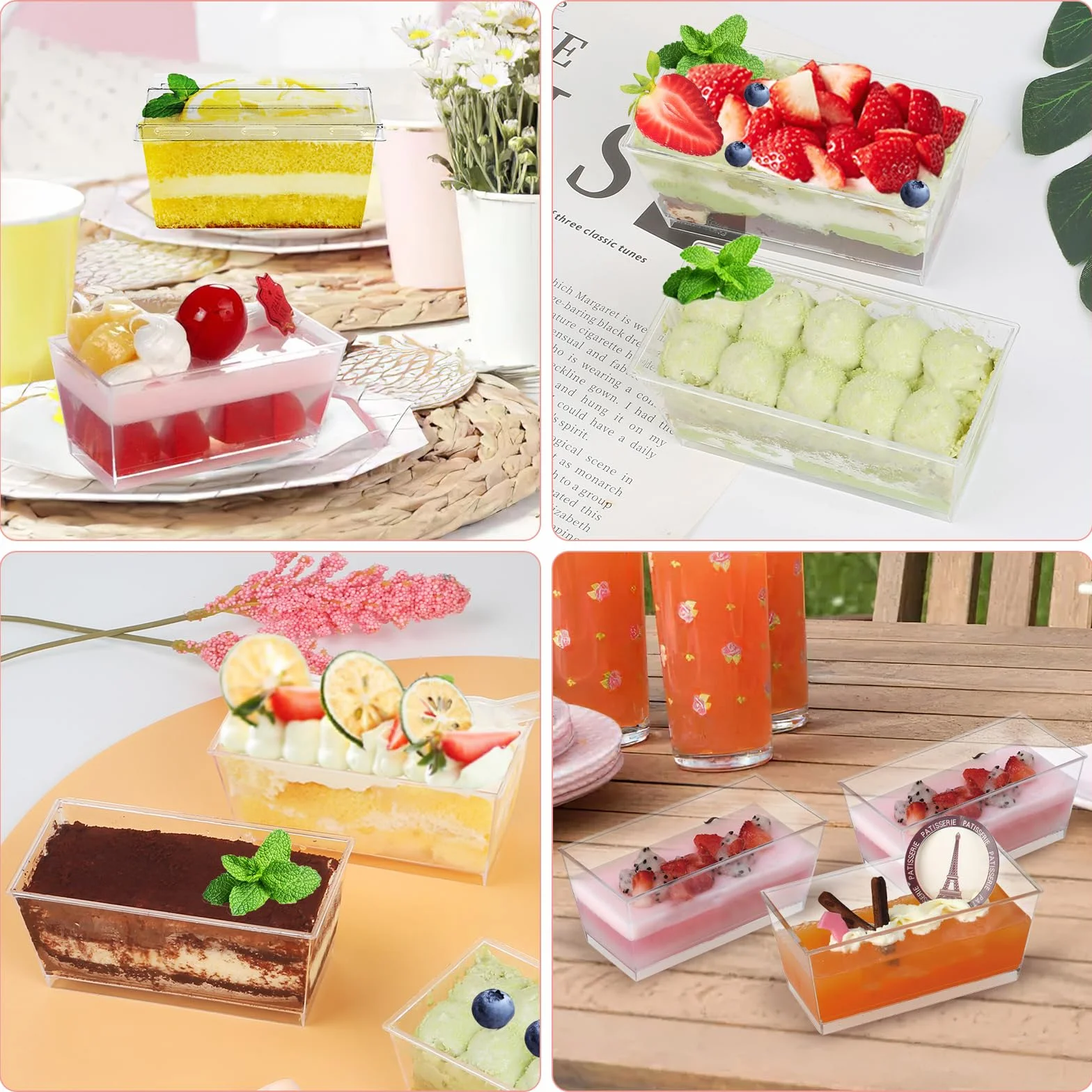 50 sztuk mini kubeczków deserowych, 160 ml prostokątne szklanki deserowe z pokrywką i łyżeczką, szklanki deserowe plastikowe wielokrotnego użytku, puddingów, musów, na przyjęcia