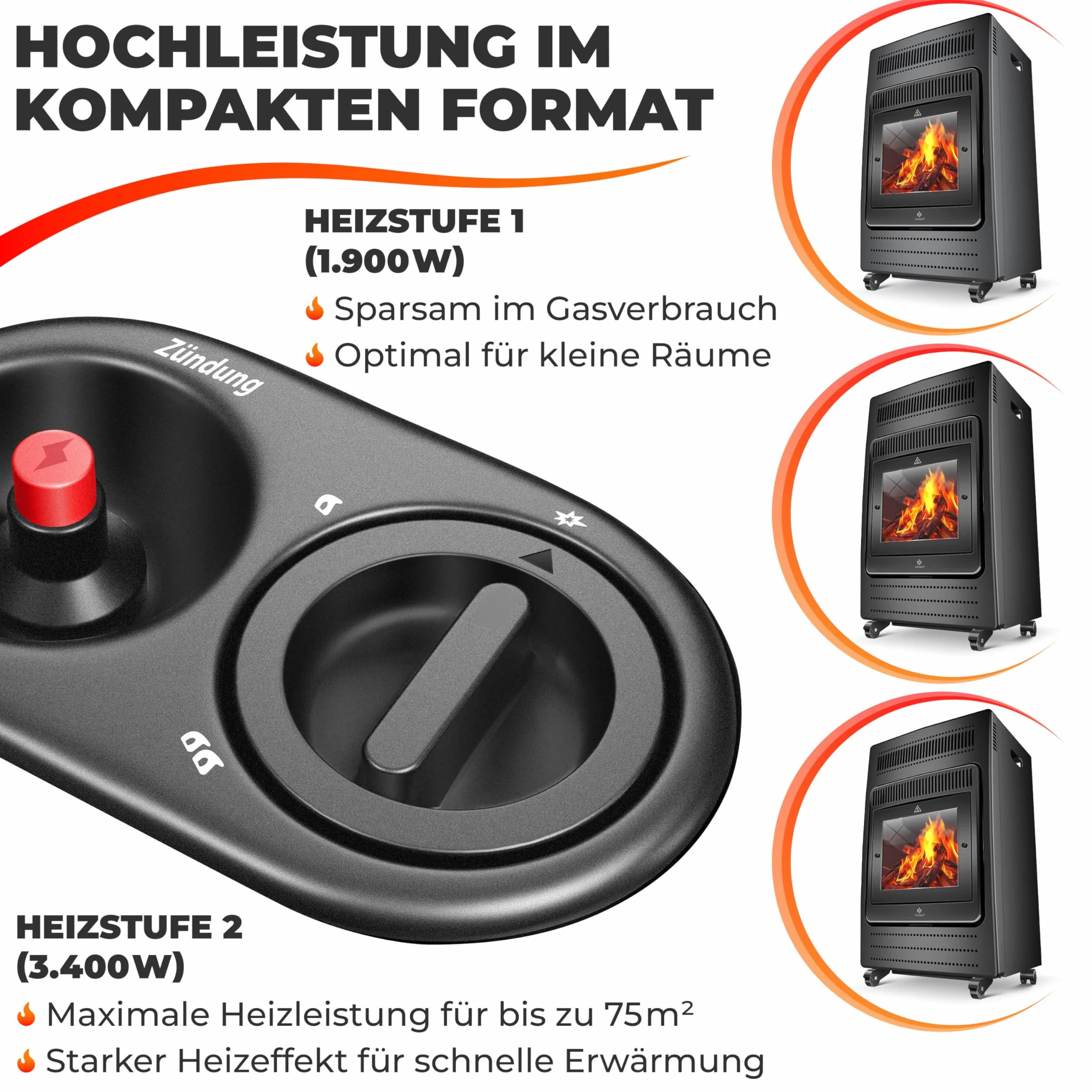 KESSER® Grzejnik gazowy, 3,4 kW, zawiera reduktor ciśnienia gazu i wąż gazowy, 2 stopnie grzania na podczerwień 3400 W, ogrzewanie gazowe, butle z butanem lub propanem, do 11 kg, czarny