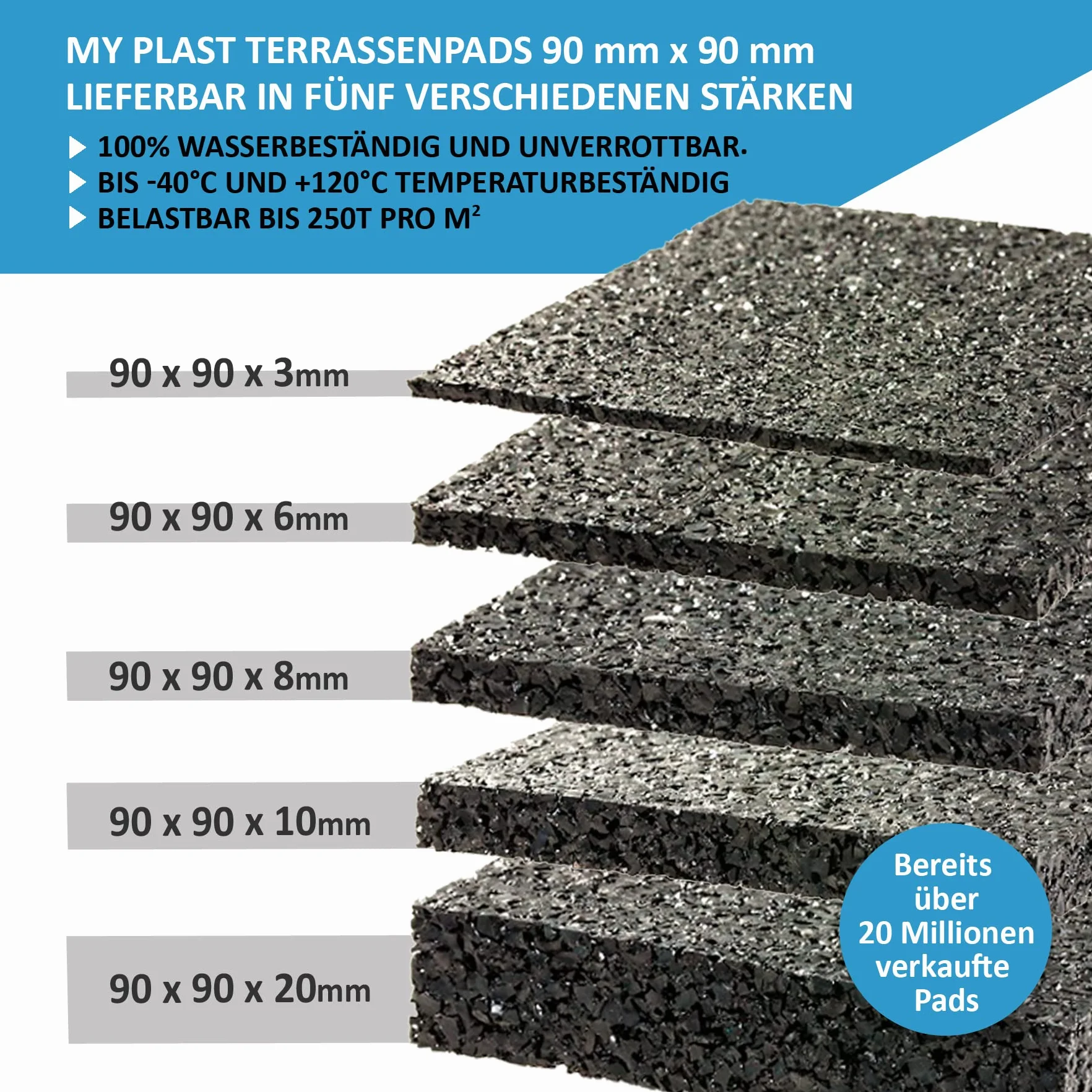 Płyty tarasowe 90 x 90 x 3 mm, 6 mm, 8 mm, 10 mm, 20 mm Wybierz rezystancję i ilość 90 x 90 x 3 mm. Ilość: 50 szt.