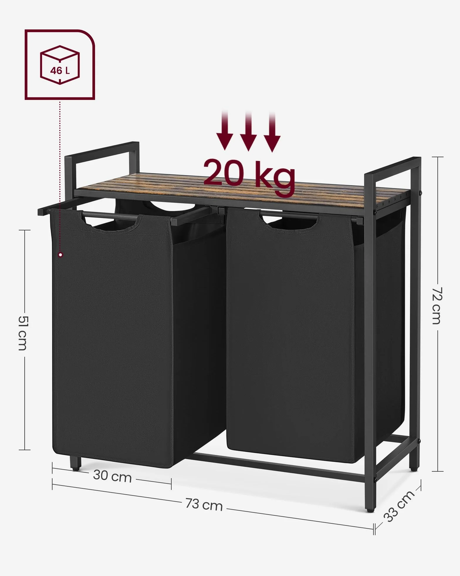 VASAGLE kosz na pranie brudny, kosz na bieliznę, taca z 2 wyjmowanymi torbami z tkaniny Oxford, metalowa rama, 2 x 46L, 73 x 33 x 72 cm, rustykalny brąz i czarny BLH201B01V1