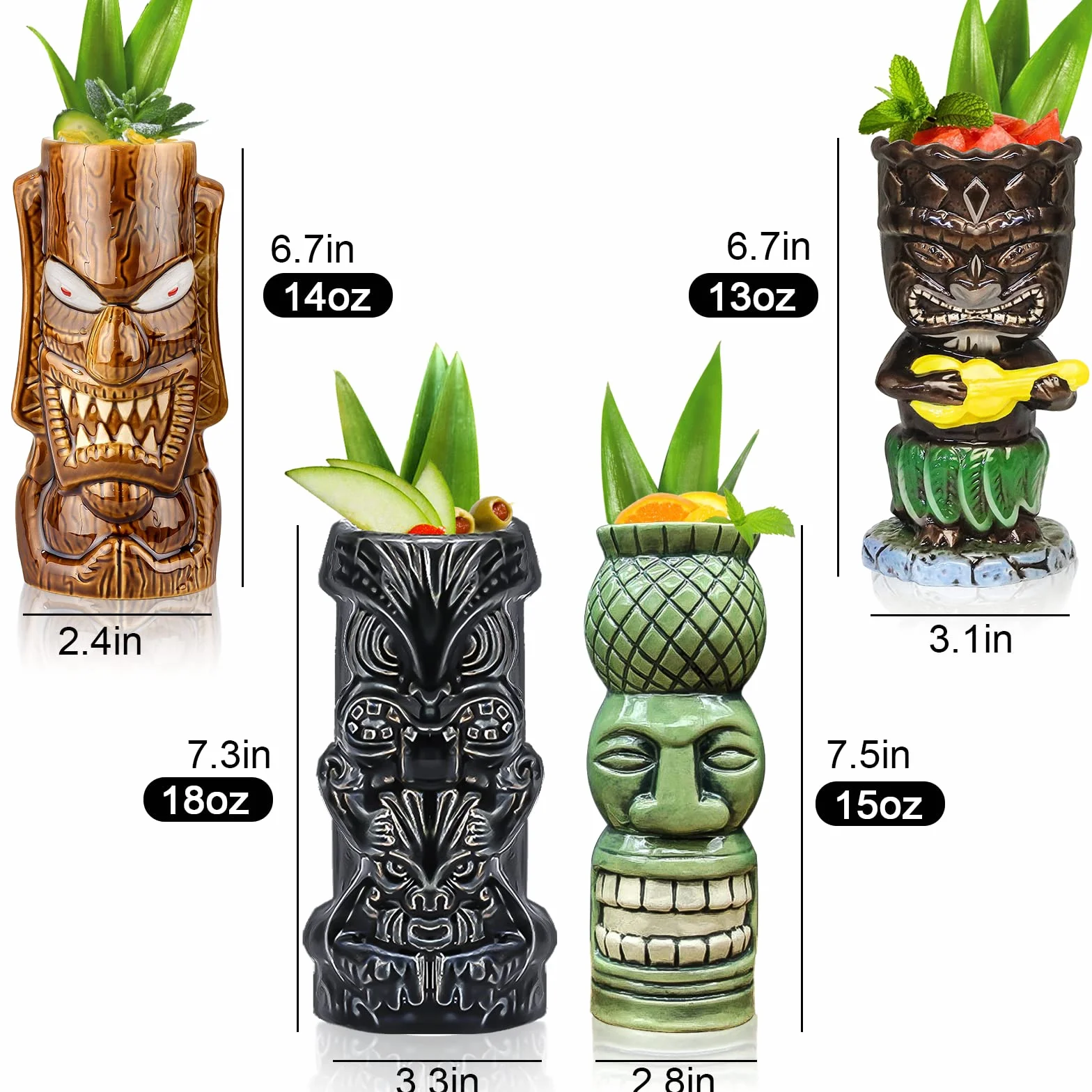 Kubki tiki na koktajle, zestaw 4 dużych ceramicznych tropikalnych kubków, hawajskie, kreatywne, do baru, premium, egzotyczne