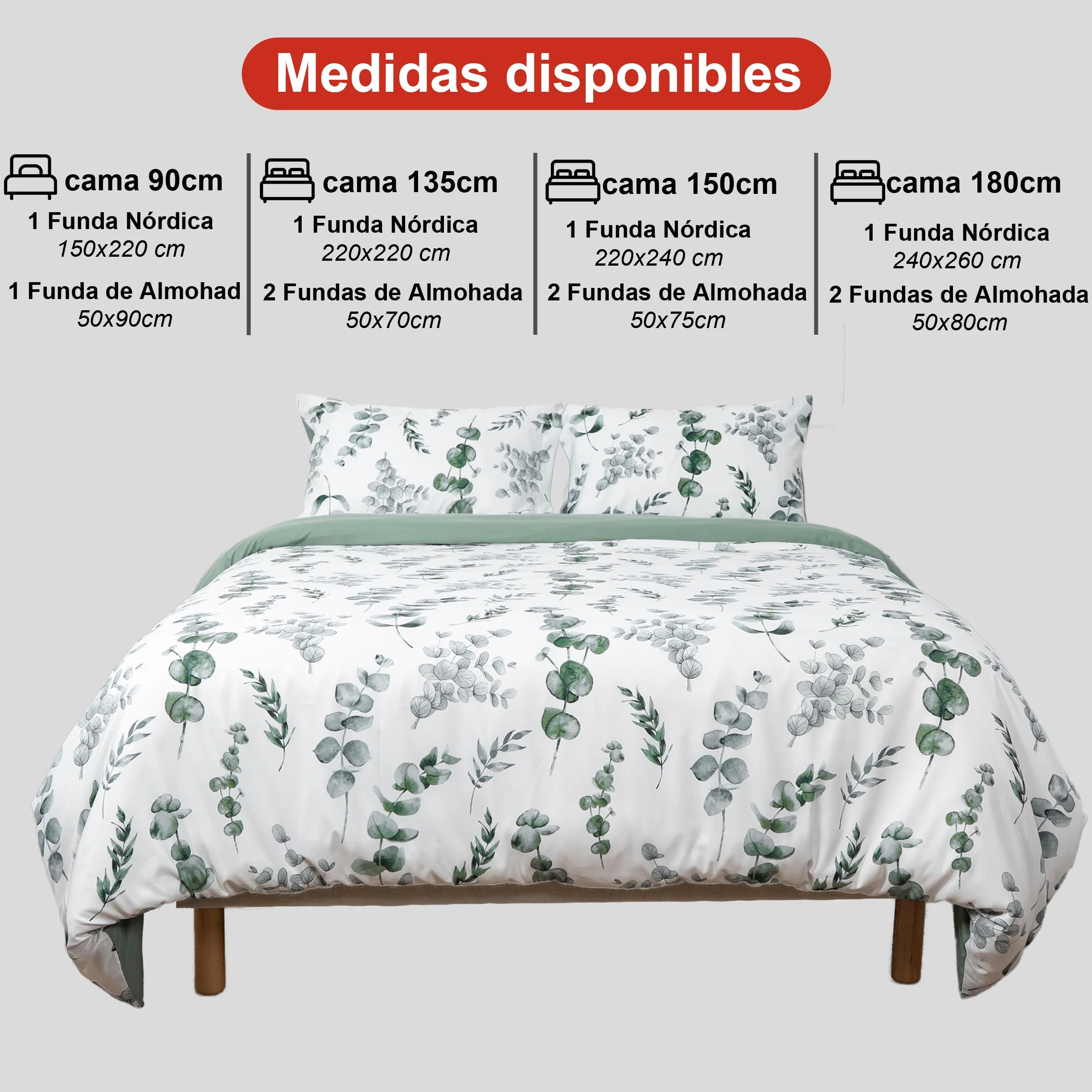 H HANSEL HOME Poszwa na kołdrę Łóżko 135 3 szt. Oddychająca miękka w dotyku 100% mikrofibra, poszwa na kołdrę 220x220cm z 2 poszewkami na poduszki 50 x 70 cm - Eukaliptus