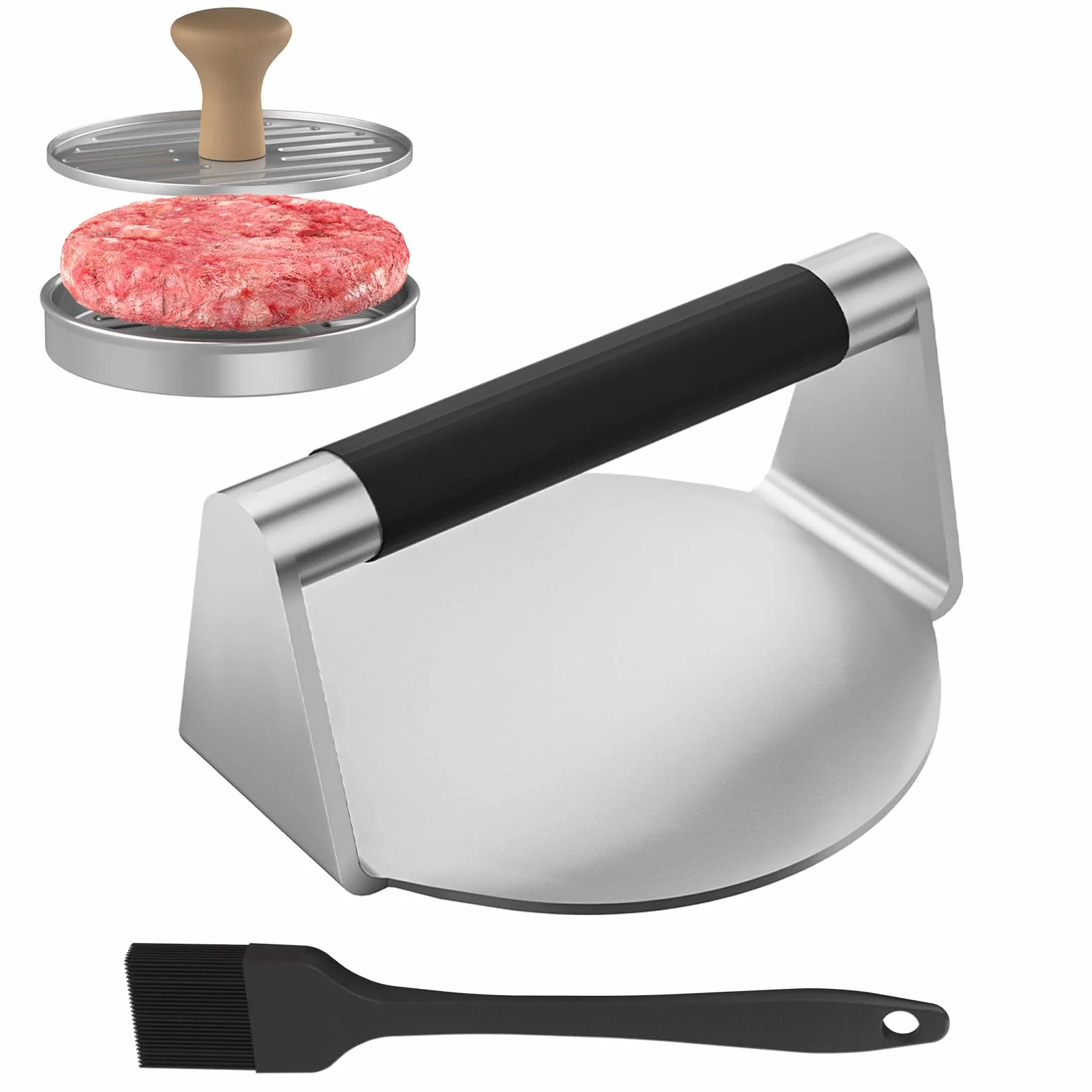 Zestaw do wyciskania burgerów Smash, okrągła prasa do hamburgerów, prasa do bekonu ze stali nierdzewnej i urządzenie do hamburgerów, nieprzywierające burgery, zestaw narzędzi do grillowania i
