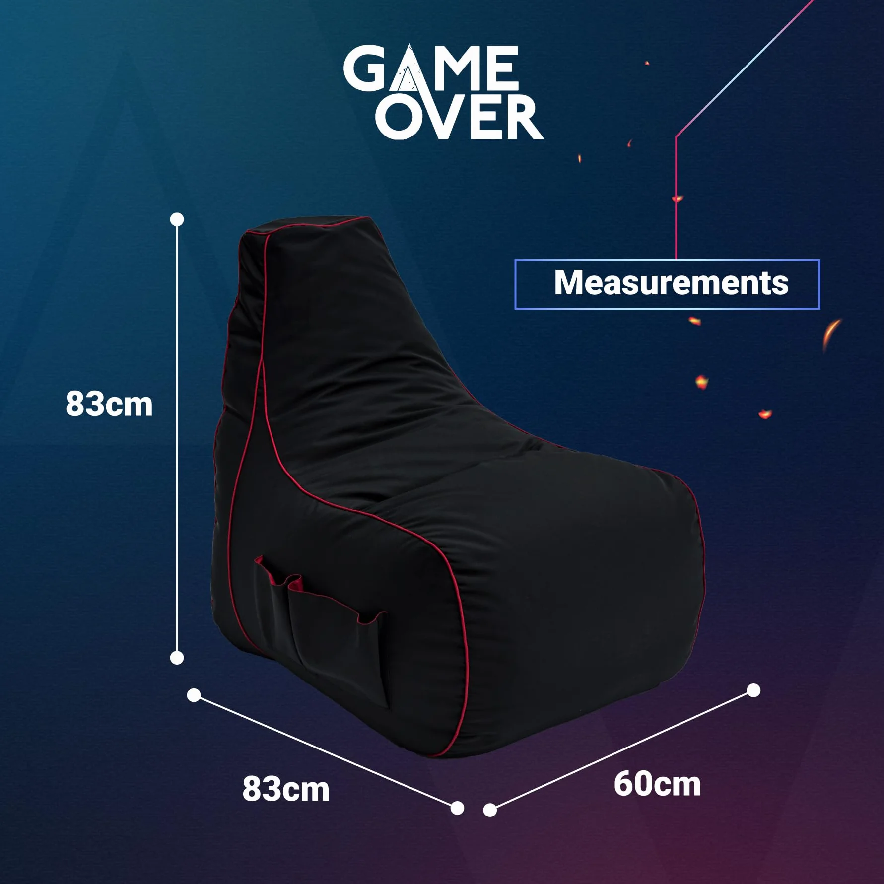 Game Over Fire Rune Fotel do gier wideo, do salonu, boczne kieszenie na kontrolery, uchwyt na słuchawki | ergonomiczna konstrukcja dla dedykowanego gracza
