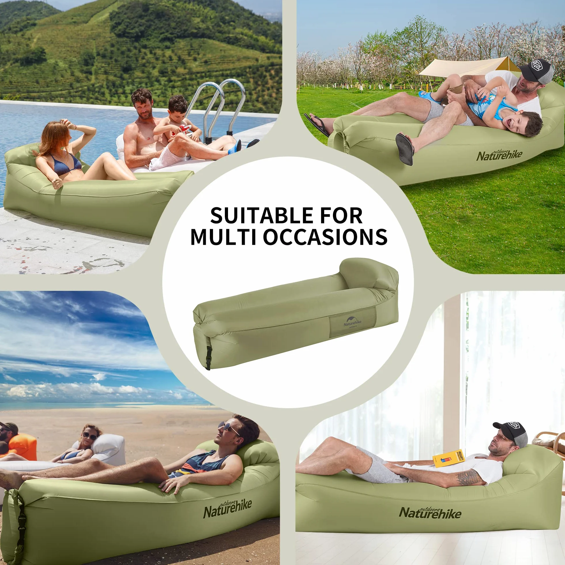 Naturehike Nadmuchiwany rozkładany fotel, wodoodporna nadmuchiwana sofa z przenośnym plecakiem, nadmuchiwane łóżko do kempingu, basenu (zielony)