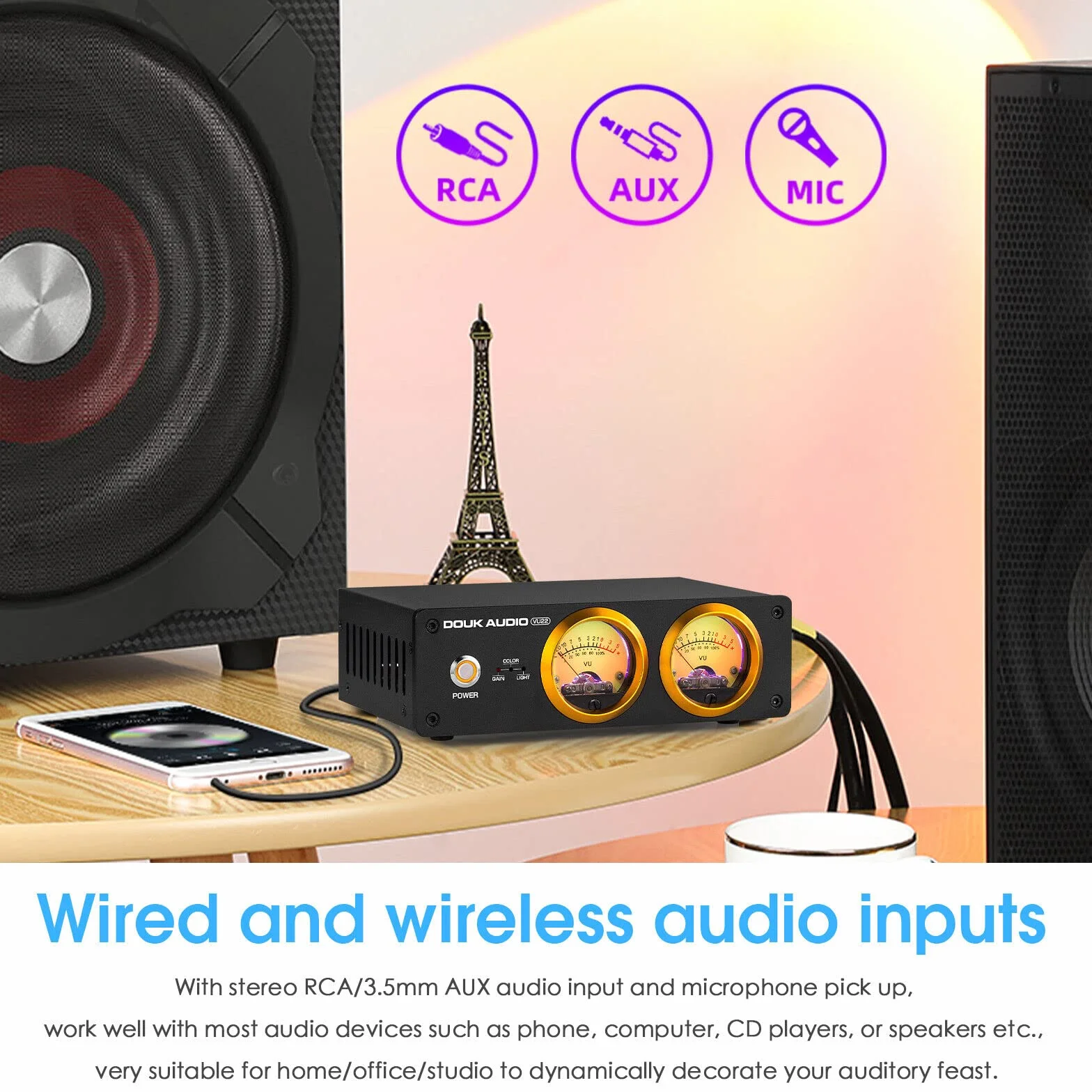 Douk Audio VU22 podwójny analogowy wyświetlacz VU Miernik DB panel spektrum muzyki MIC i LINE wskaźnik poziomu dźwięku (Czarny)