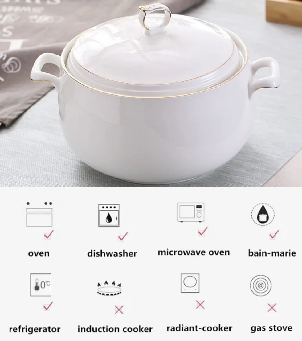 Ceramiczna waza do zupy z pokrywką, duża pojemność 3L, waza do serwowania z podwójnymi uchwytami do kuchni, porcelana, biała ze złotym wykończeniem, nadaje się do kuchenki mikrofalowej i zmywarki