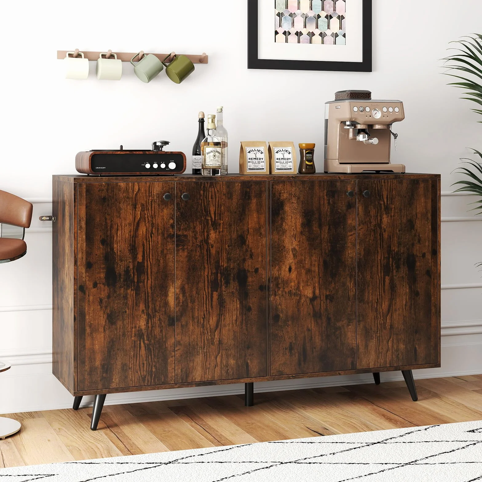 COSTWAY kredens drewniany, komoda z 4 drzwiami i 5-stopniowo regulowanymi półkami, szafka kuchenna, szafka vintage, do salonu, kuchni, jadalni, 127,5 x 38 x 80 cm (brązowy)