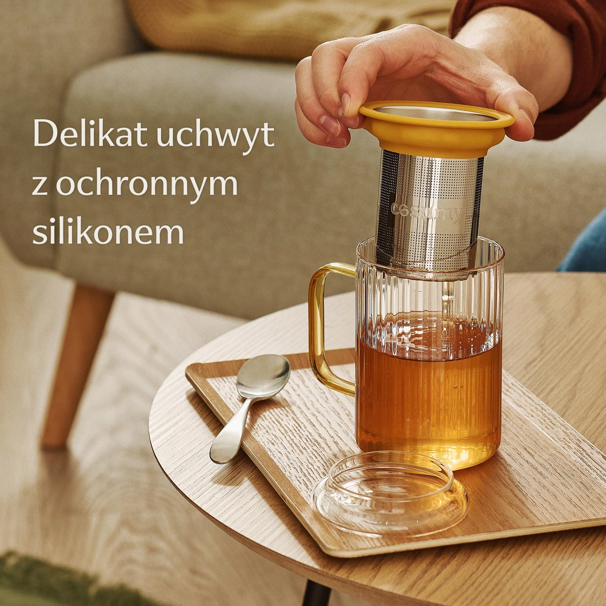 Cosumy Filiżanka do Herbaty z Pokrywką i Sitkiem 450ml - Żaroodporne Szkło Borokrzemowe z Kolorowymi Uchwytami - Korek Podstawka & Filtr ze Stali Nierdzewnej