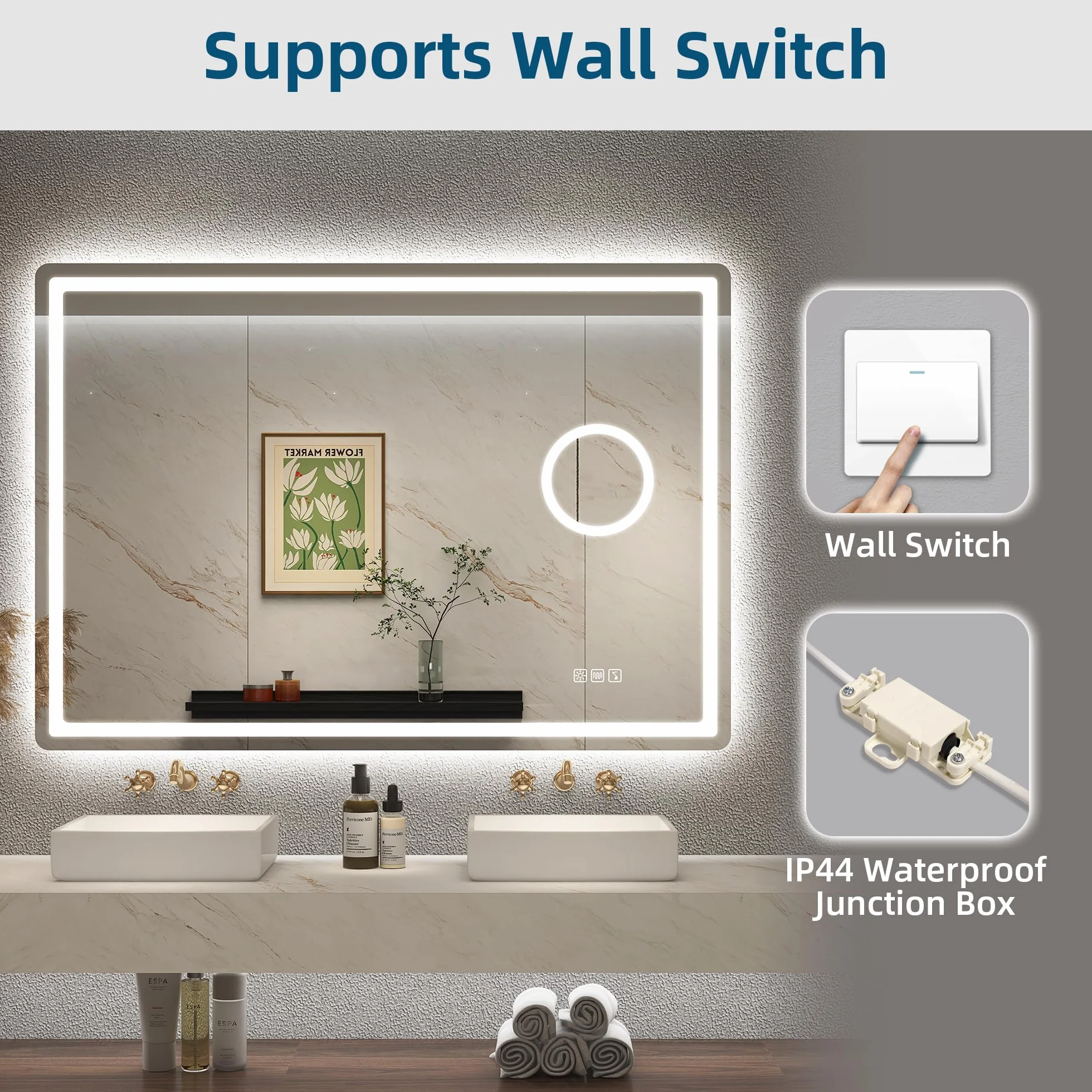 Lustro łazienkowe z oświetleniem 100x70 cm Bluetooth IP44 szkło hartowane HD