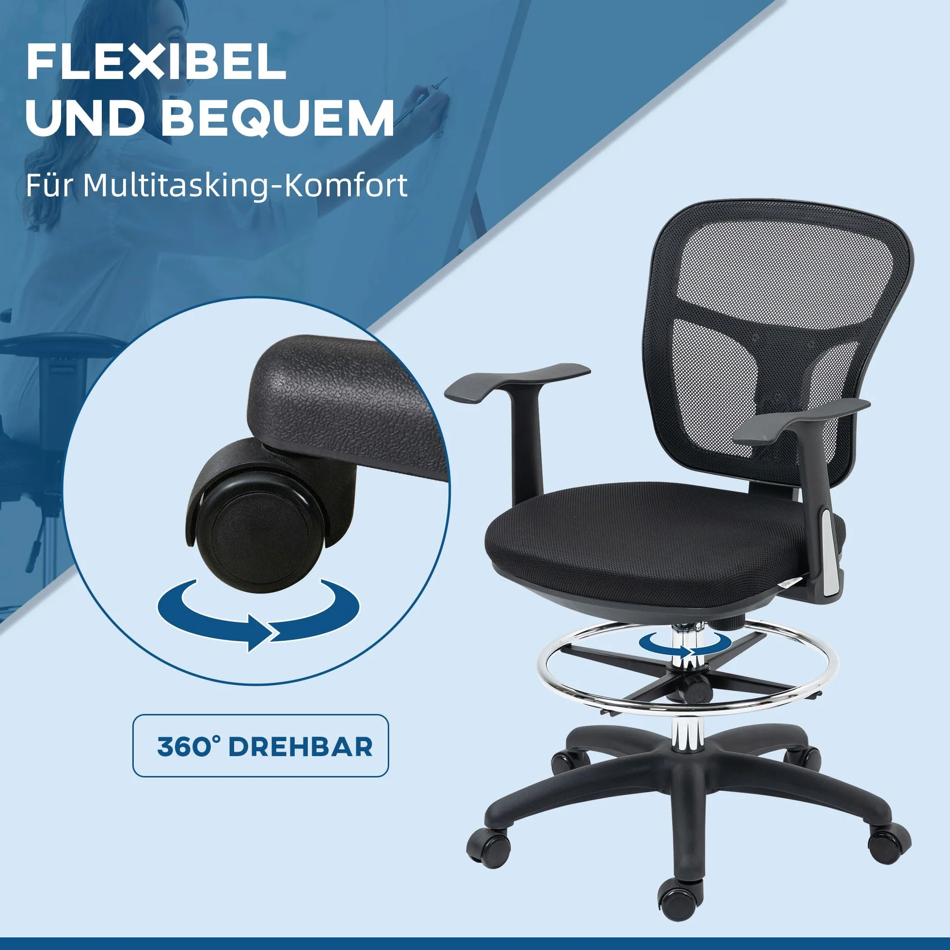 Vinsetto Krzesło biurowe, ergonomiczne krzesło kreślarskie, 95-115 cm, krzesło komputerowe z podłokietnikami, krzesło do biurka z podnóżkiem, krzesło obrotowe do biura, salonu, siatka, czarne