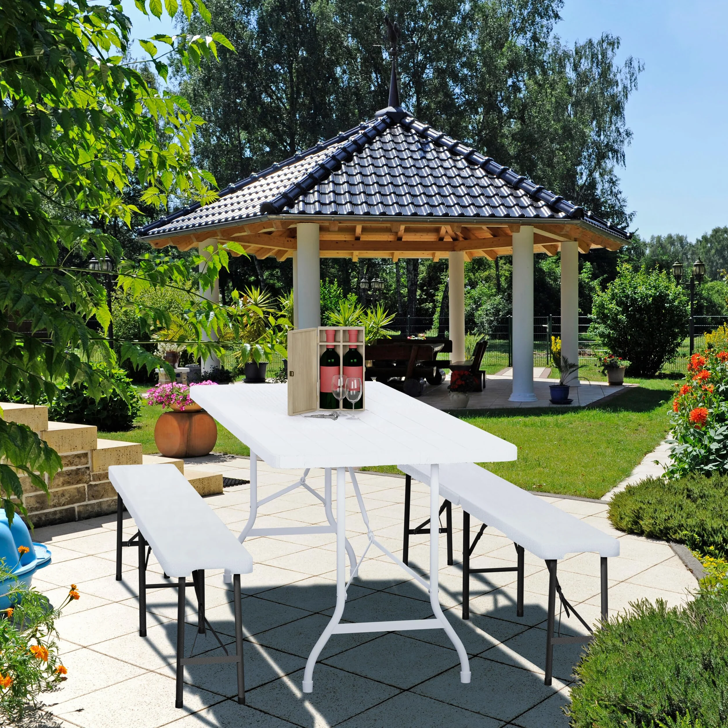 Relaxdays Ławka piwna, zestaw 2 sztuk, składana, tworzywo sztuczne, stal, ławka kempingowa, balkon i ogród, wys. x szer. x gł.: 43 x 240 x 30 cm, biała