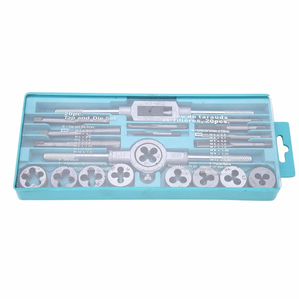 20-częściowy zestaw gwintowników, Tap and Die Set Metric M3-M12, zestaw gwintowników i narzynek z tworzywa sztucznego, zestaw z pudełkiem z tworzywa sztucznego