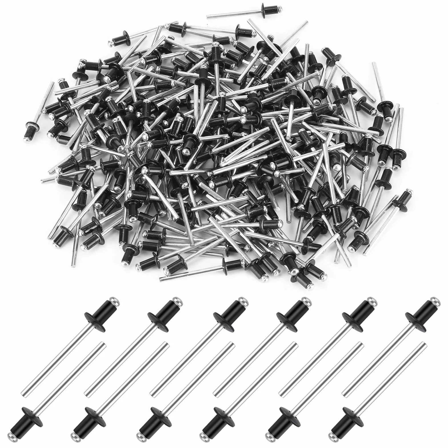 200 sztuk aluminiowych nitów zrywalnych, 4 x 6 mm, czarne nity pop, nity zrywalne do budynków, statków, samochodów i mebli