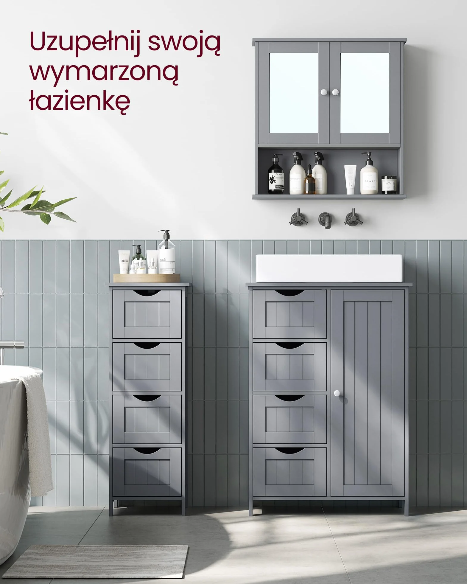VASAGLE Szafka ścienna, Meble łazienkowe, szafka do przechowywania, wisząca szafa, 2 drzwi z lustrem i otwarta komora, regulowana półka, 13 x 56,5 x 58,5 cm, szary żółwiowy LHC002G02