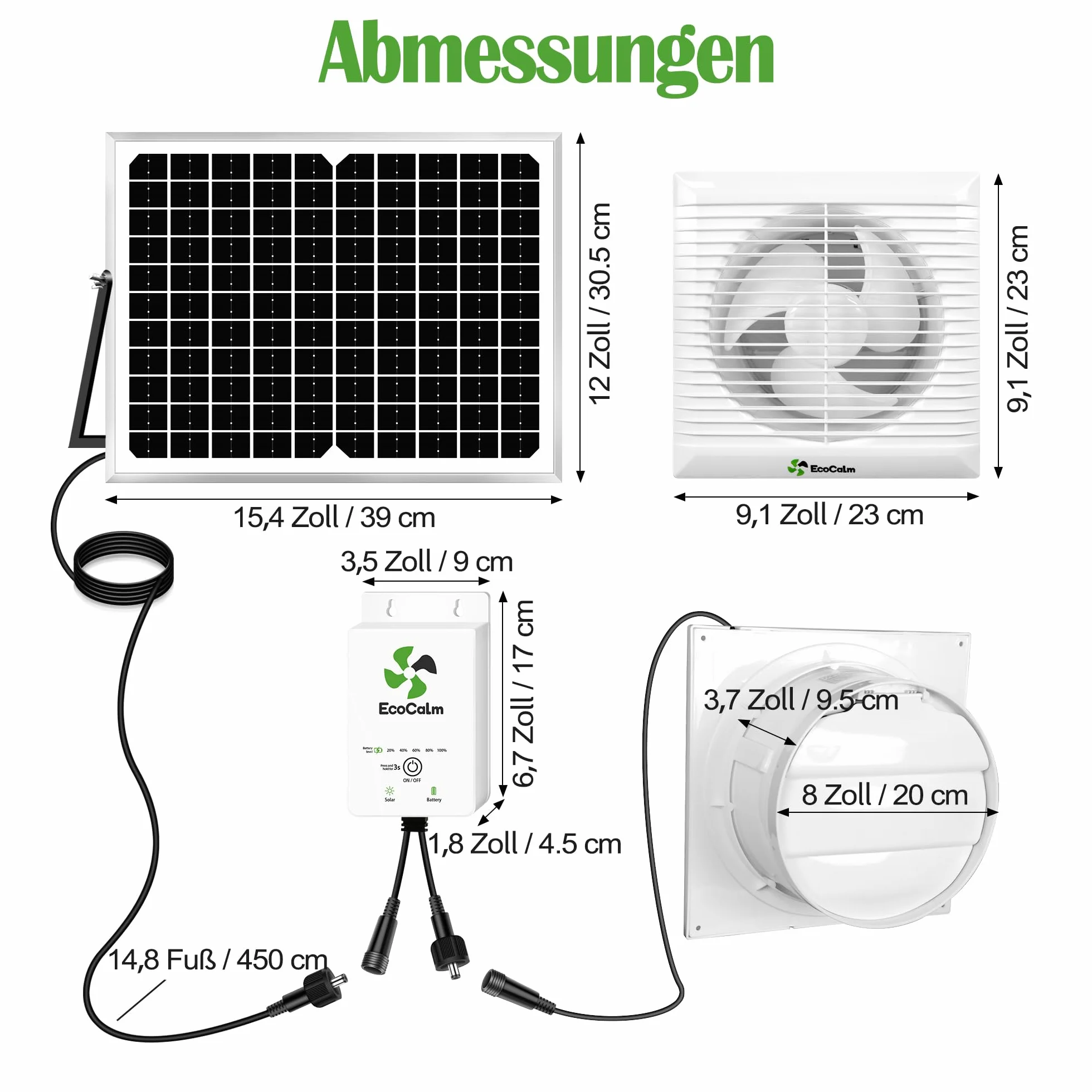 Wentylator solarny z baterią, wentylator zasilany energią słoneczną 200 mm z panelem słonecznym 12 V i kablem 4,5 m, wentylator wyciągowy do szklarni, szopy, poddasza