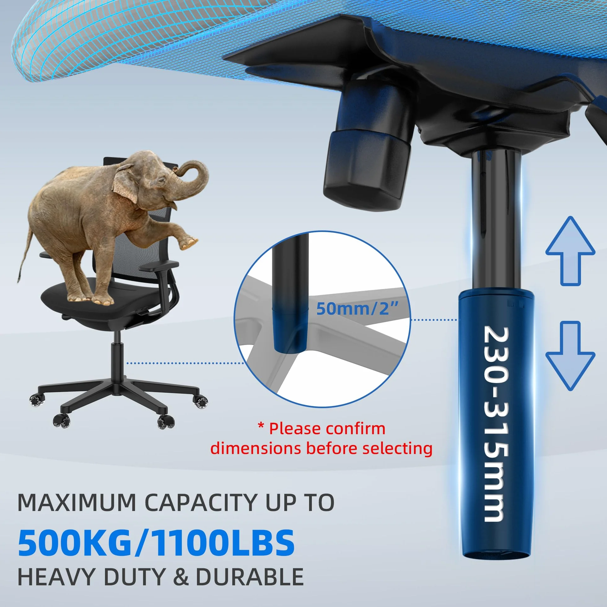 Sprężyna gazowa do krzeseł biurowych, zapasowa sprężyna gazowa, obciążenie do 500 kg, z regulacją wysokości, średnica 50 mm (nie pasuje do 1KEA/T0pstar, czarna, 230-315 mm)