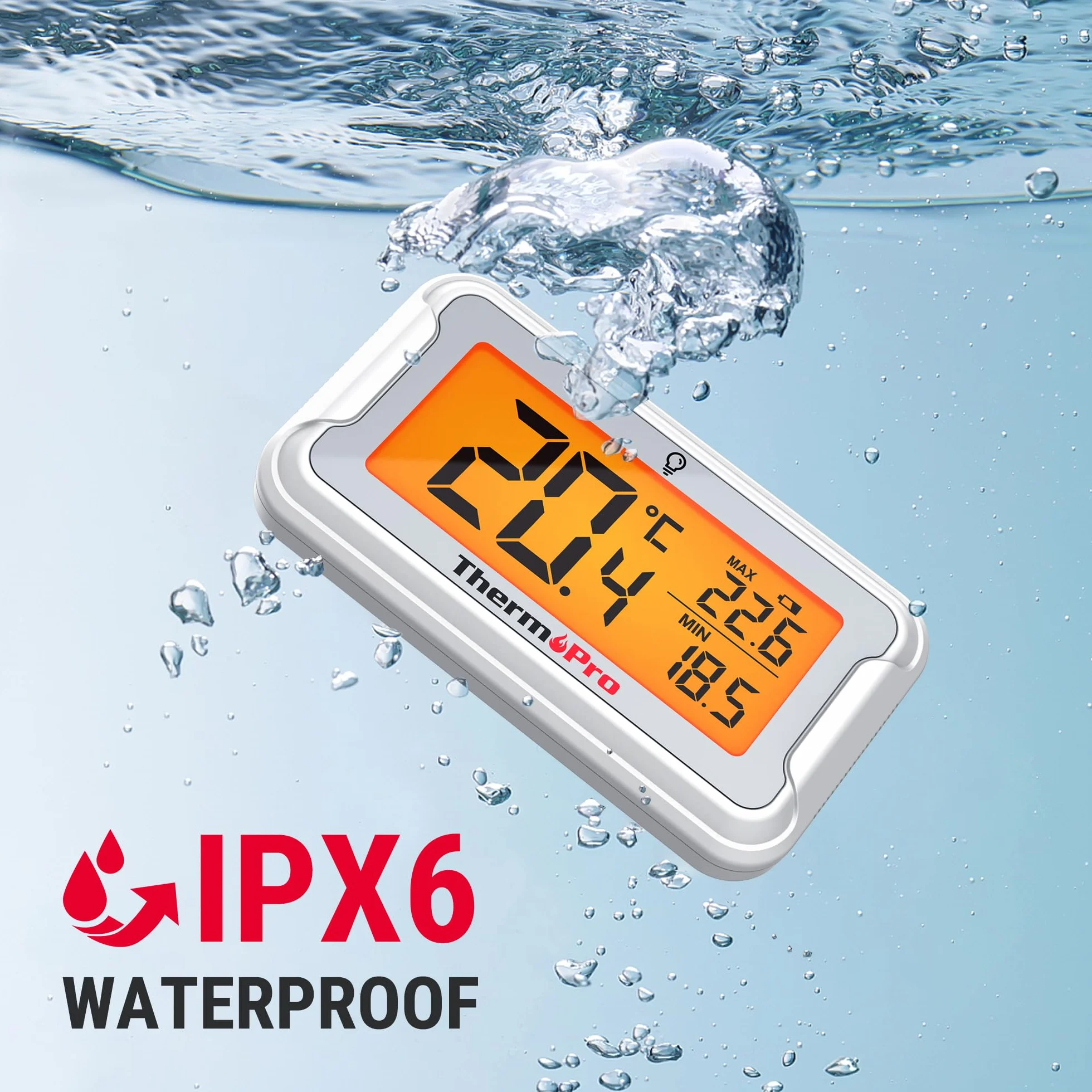 ThermoPro Cyfrowy termometr do lodówki, zamrażarki, z czytelnym i większym wyświetlaczem LCD, wodoszczelny termometr z podświetleniem tła do lodówki, chłodziarki do wina