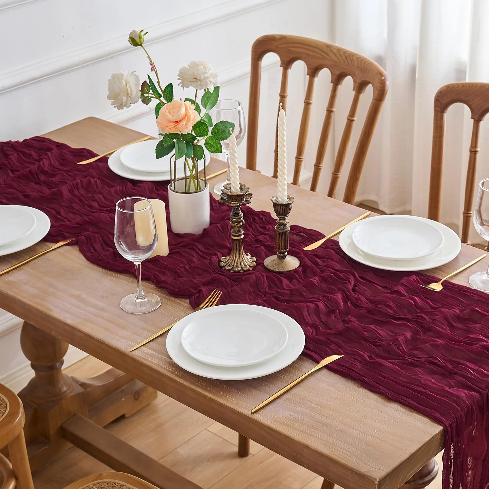 2 bieżniki na stół, obrus, obrusy w stylu boho, rustykalny obrus na wesele, dekoracja stołu, 90 x 300 cm (czerwone wino, 90 x 300 cm, 2 sztuki)