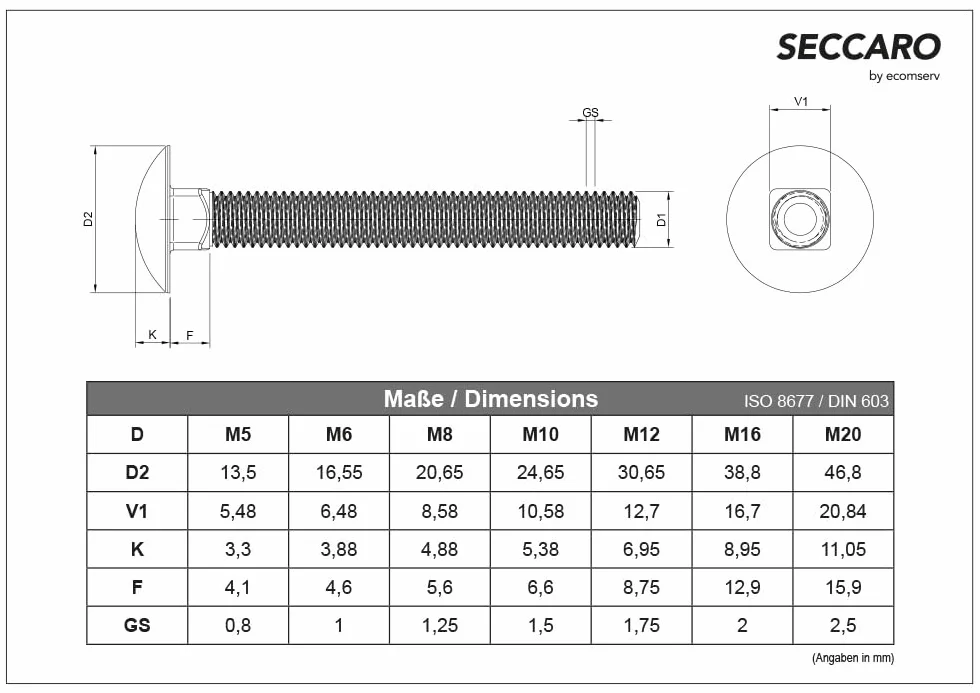 SECCARO Śruba zamkowa M6 x 100 mm, stal szlachetna V2A VA A2, DIN 603 / ISO 8677, płaska okrągła główka z nasadką czworokątną, pełny gwint, 20 sztuk