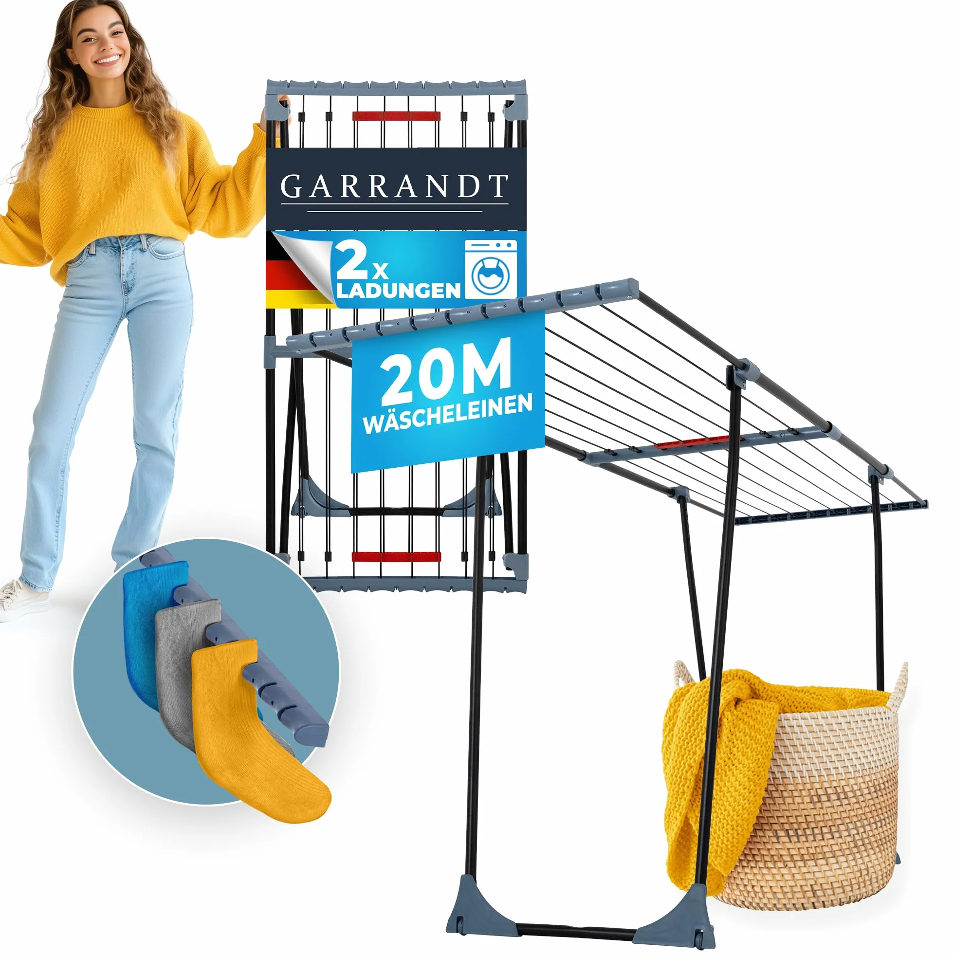 Suszarka na pranie wysuwana – XXL 20 m powierzchni suchej, zajmująca mało miejsca suszarka stojąca [wyprodukowano w UE], stabilna i czarna z zaciskami do małego prania