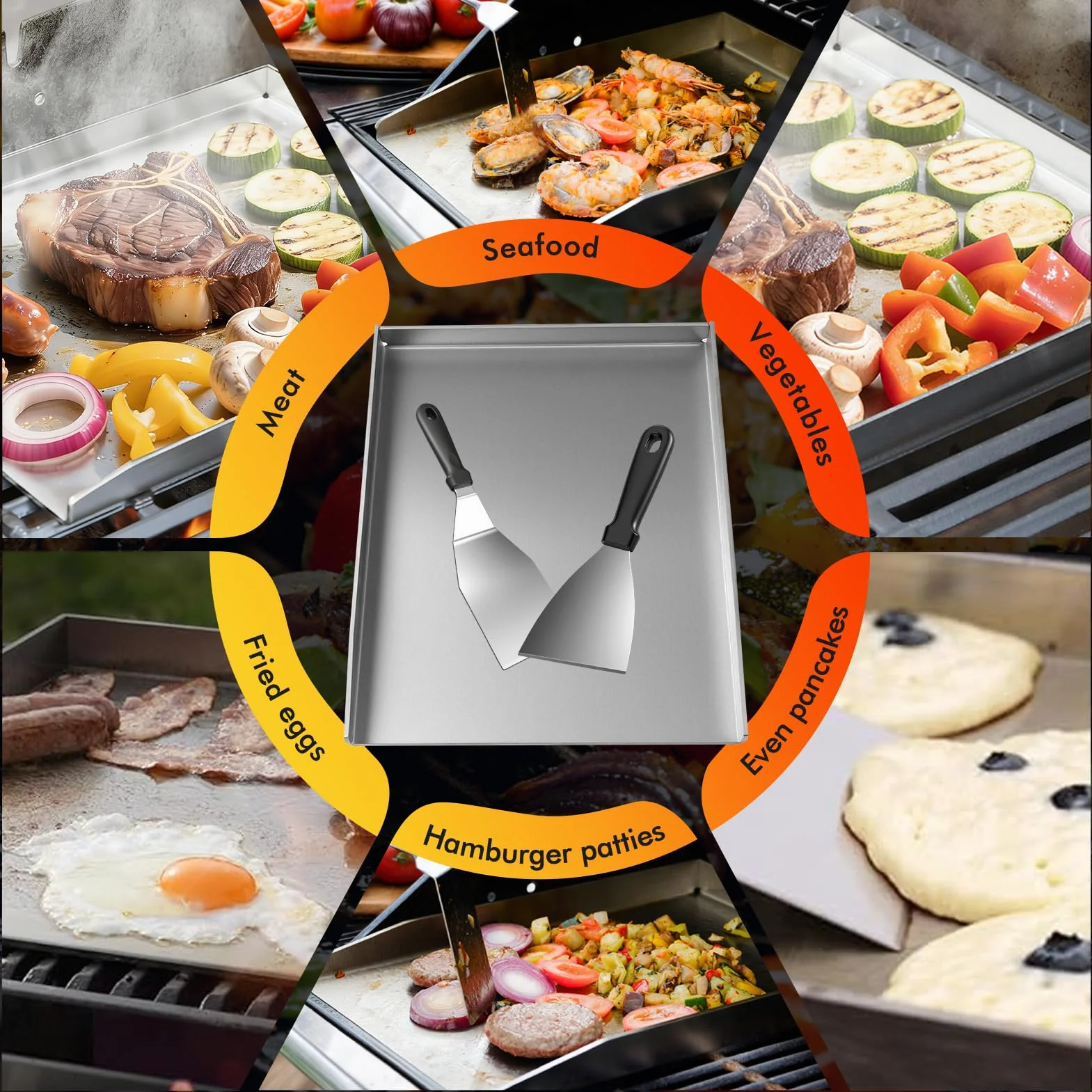 Nikou płyta grillowa ze stali nierdzewnej 40 x 30 cm, płyta grillowa Plancha z 2 łopatkami do grillowania na gaz i węgiel drzewny, uniwersalna płyta grillowa Plancha z łopatką do grillowania
