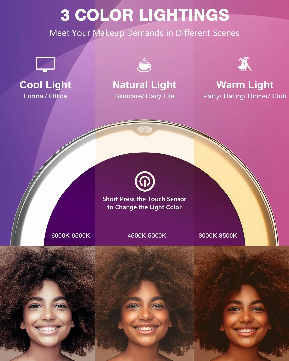 Auxmir Lusterko Kosmetyczne z Podświetleniem LED, 10× Powiększenie, Obracane 360°, 3 Kolory Światła, Przyciemnianie