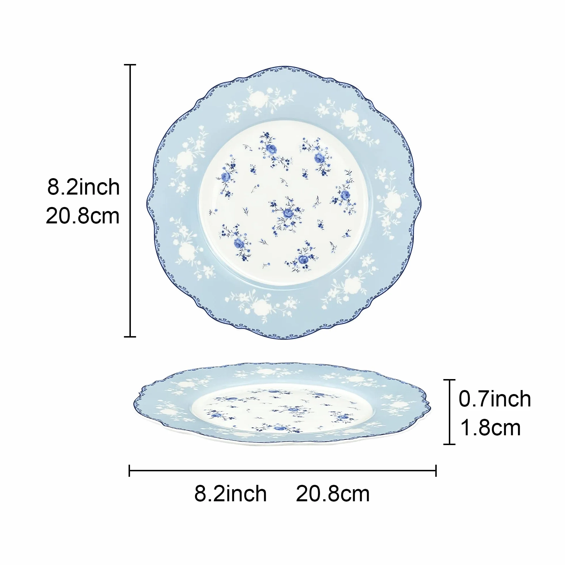 fanquare Zestaw 4 porcelanowych talerzy deserowych, 20,8 cm, małe talerze ceramiczne, niebieskie kwiaty, zestaw naczyń ze złotym brzegiem