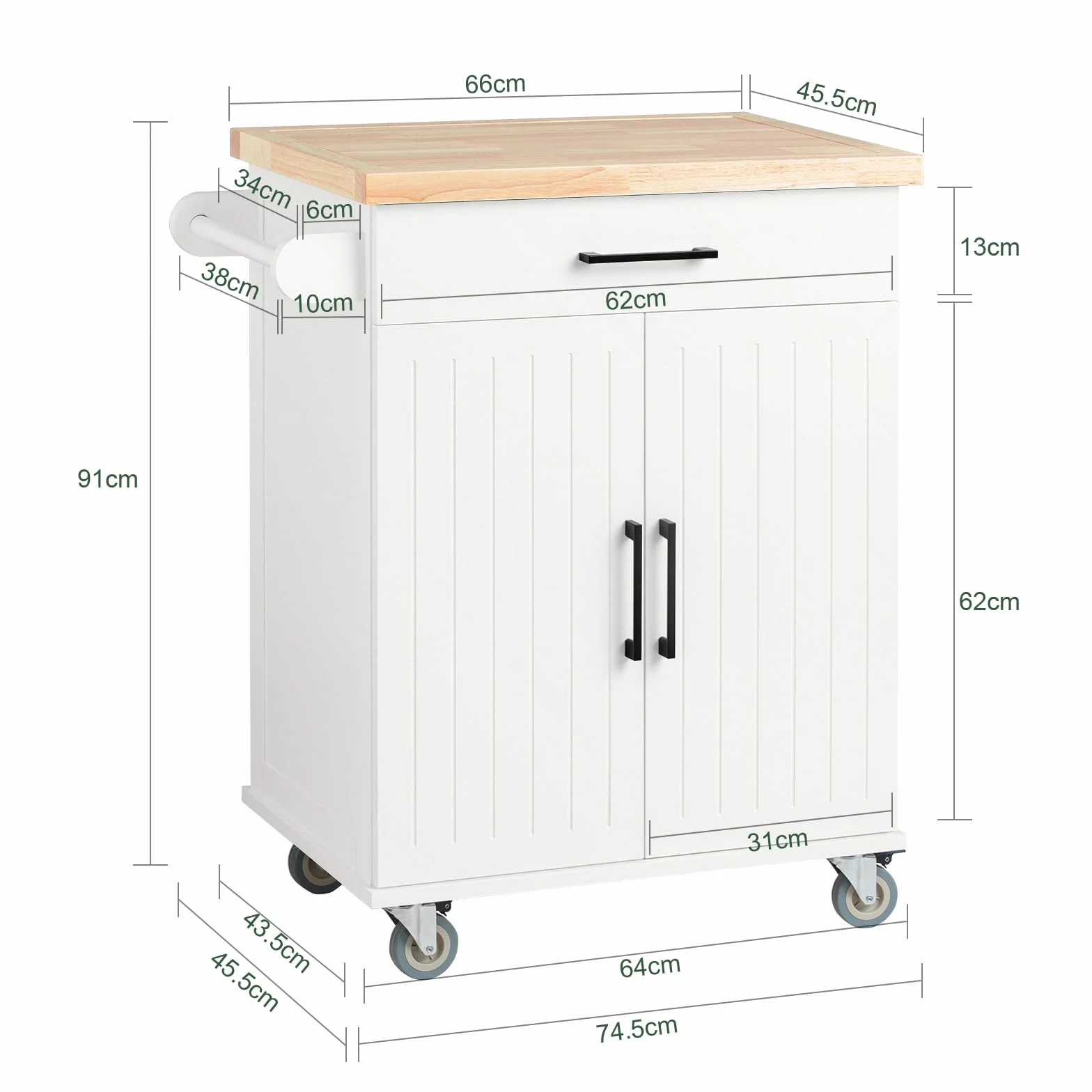SoBuy Kitchen Island FKW119-WN Wózek kuchenny z drewna kauczukowego na kółkach, wolnostojący, do baru, szafki kuchennej, idealny do kuchni, jadalni lub restauracji, 74 x 91 x 46 cm