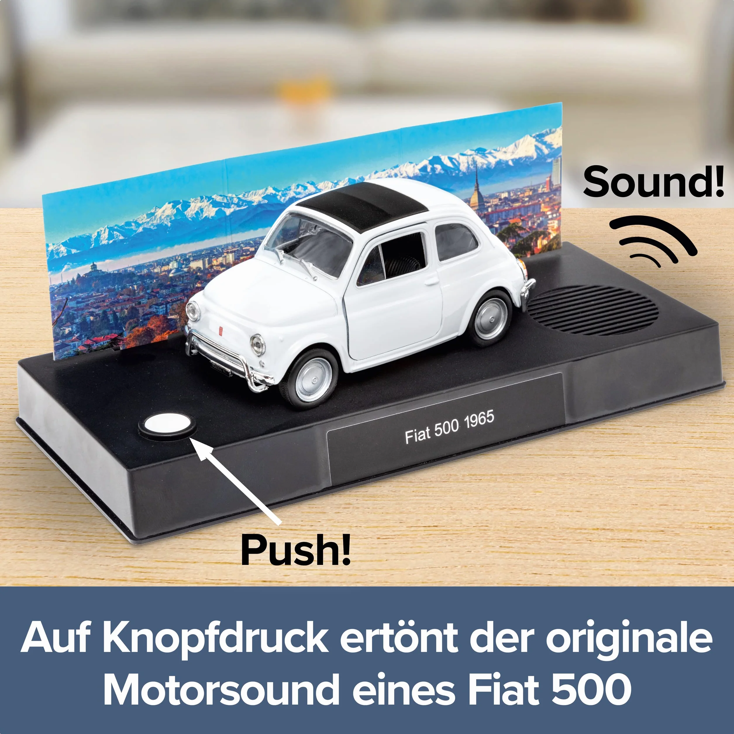 Franzis 67168 Kalendarz adwentowy Fiata 500, metalowy model w skali 1:38, zawiera moduł dźwiękowy i 52-stronicową książkę z dodatkami