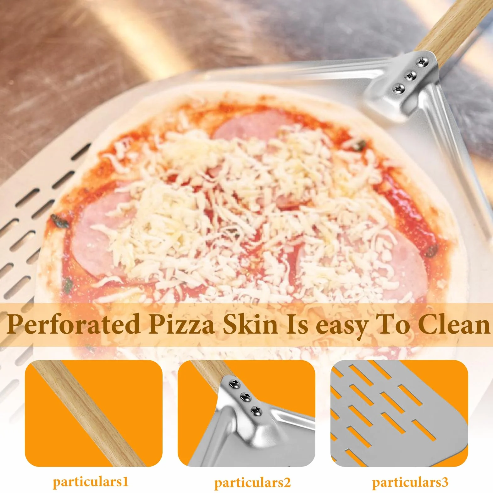 HOMURY Perforowana łopatka do pizzy, perforowana, 30 cm, perforowana łopatka do pizzy ze zdejmowanym uchwytem, perforowana z twardego anodowanego aluminium, do domowej pizzy, chleba