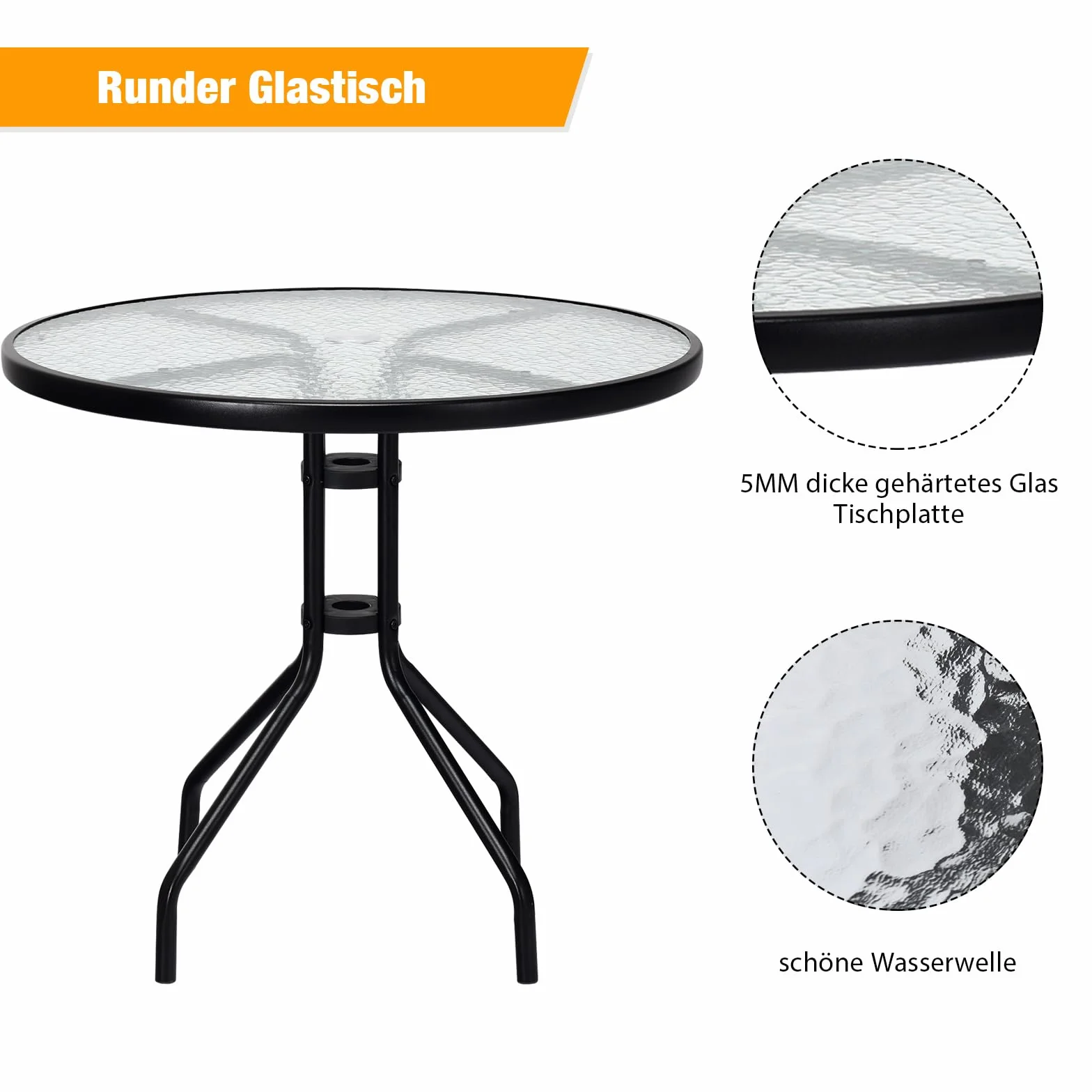 COSTWAY Stół ogrodowy z blatem z hartowanego szkła, 70 x 70 x 71 cm, stół tarasowy z otworem na parasol i metalową ramą, okrągły stół balkonowy, stół do jadalni na podwórko, taras, do ogrodu