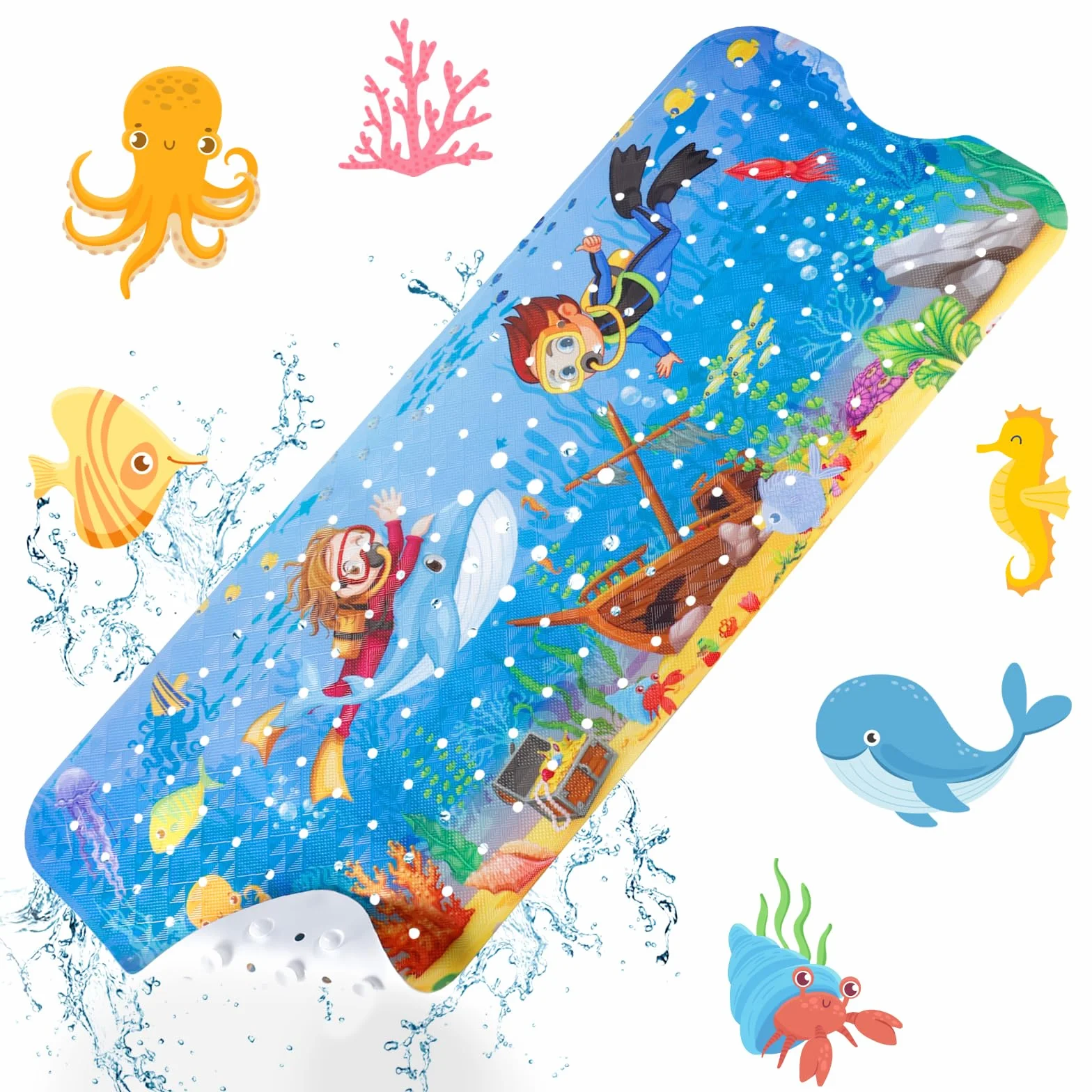 AMZJMT Antypoślizgowa mata do kąpieli dla dzieci 100 x 40 cm - wanna antypoślizgowa, motyw morski, antypoślizgowa mata do kąpieli z 200 przyssawkami, bez BPA, odporna na pleśń i można prać w pralce