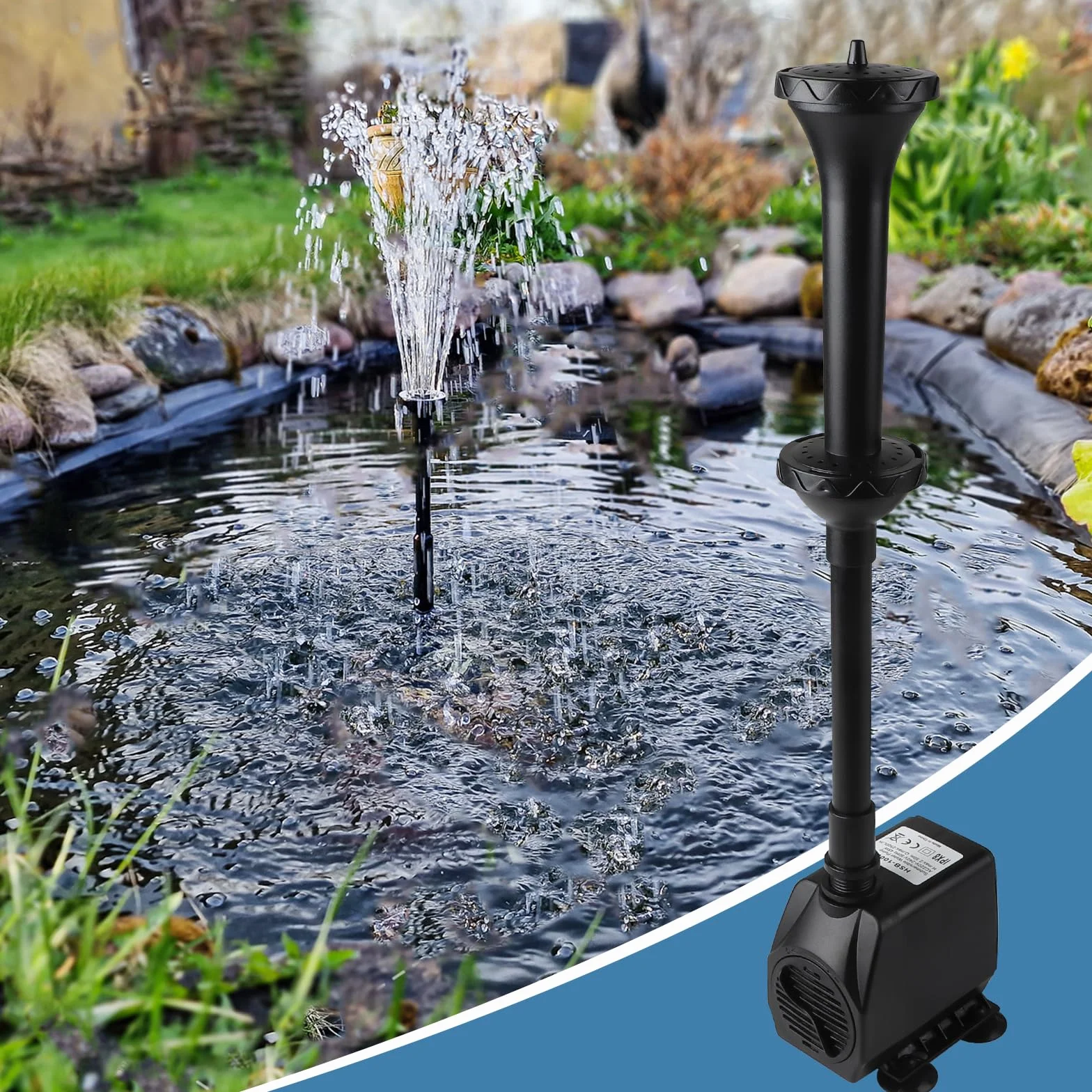 EXLECO pompa do oczka wodnego, 2500 l/h, 45 W, 2,5 m, 4 dysze, 3 style fontanny, metalowa pompa dekoracyjna do fontanny, fontanny, zbiornika, filtr do akwarium