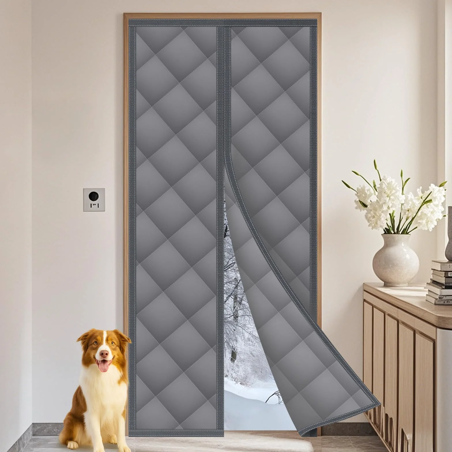 Flintronic Magnetyczna izolowana zasłona na drzwi, 110 x 220 cm, termiczna zasłona na drzwi, tkanina Oxford, z poliestru, bawełna, termiczna, wiatroszczelna, dźwiękoszczelna, do pokoju, domu, kuchni w