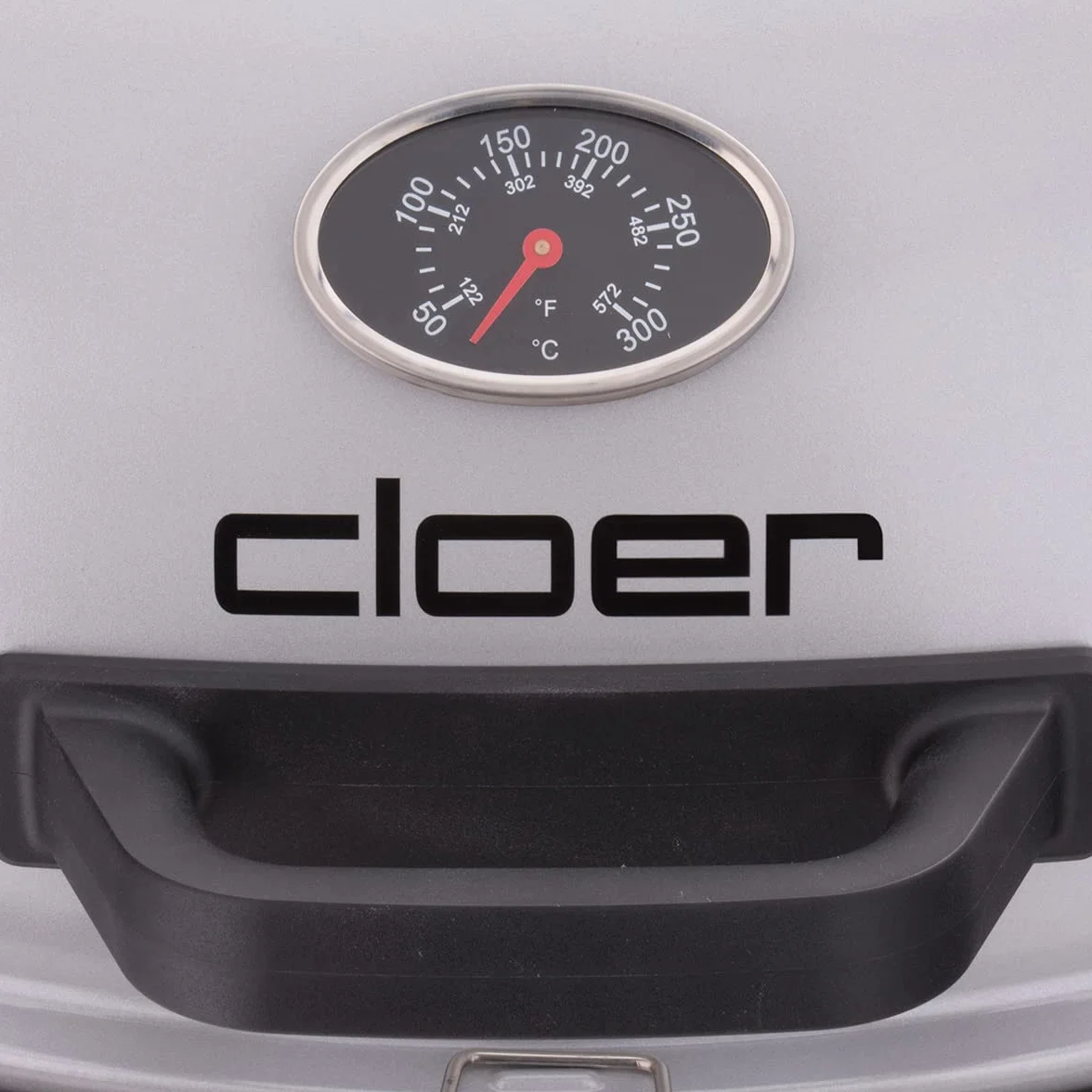 Cloer 6789 Grill Elektryczny Ogrodowy ze Stojakiem, Termometr, Powłoka Nieprzywierająca, 2400 W, Powierzchnia 38,5 x 52,5 cm, Kompaktowe Przechowywanie
