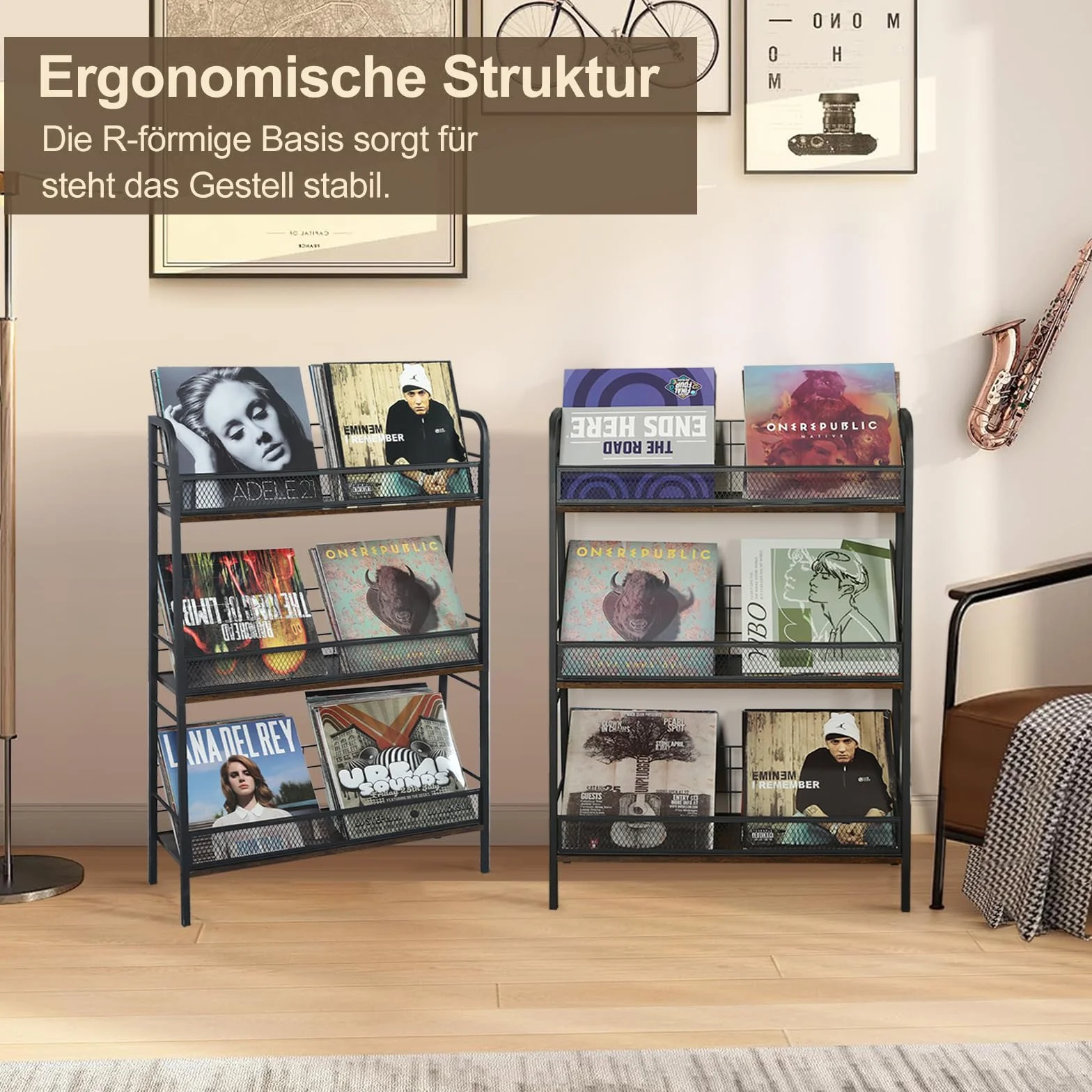 HZE 3-poziomowy regał na płyty gramofonowe, do przechowywania około 150 albumów, stojak na płyty gramofonowe, nadaje się do płyt winylowych LP