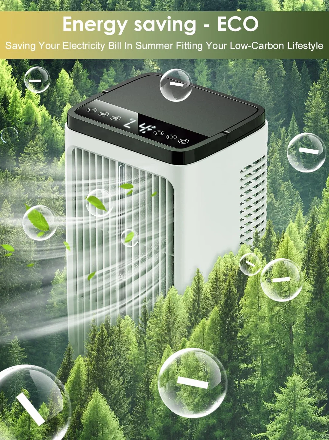 Przenośny klimatyzator, przenośny klimatyzator, wentylator USB, 4 prędkości, 2 tryby, kolorowe światła, oscylacja 90°, 1200 ml