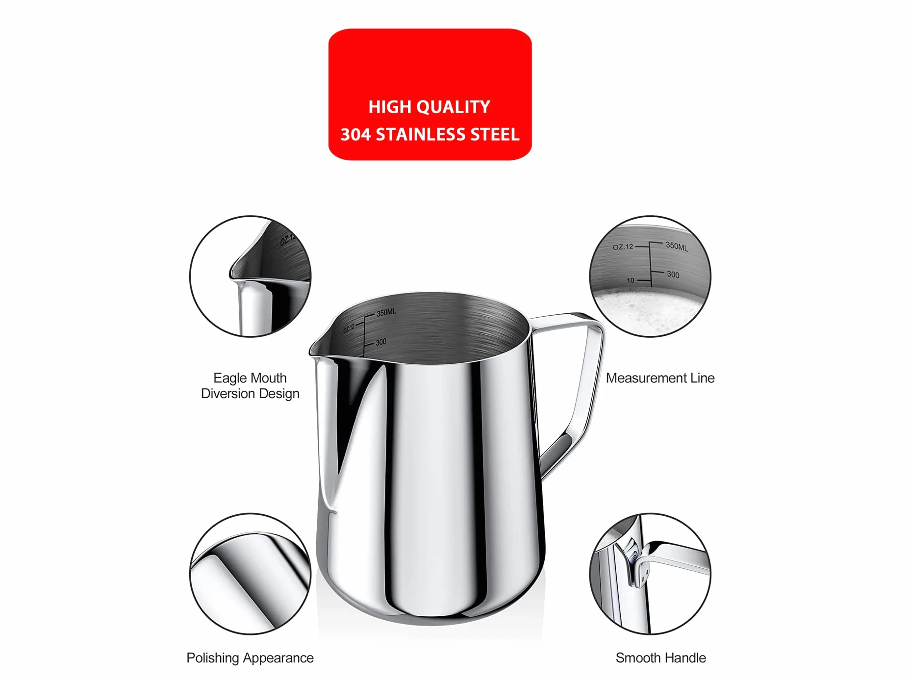 VIER Dzbanek na mleko ze stali nierdzewnej 350 ml do kawy cappuccino espresso Latte Art