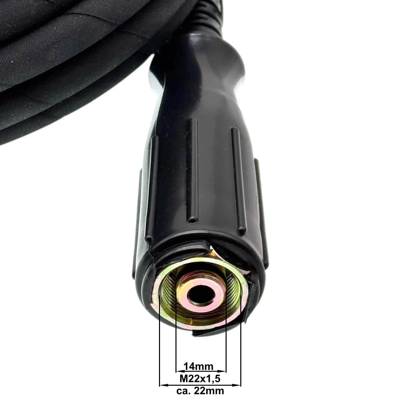 Wąż wysokociśnieniowy pasujący do Kärcher HD 5/12 C do 2016 | gwint wewnętrzny M22 trzpień 14 mm | 11 mm AVS obrotowy | 220 bar | DN6 | do 150°C | kompatybilny z pistoletem Kärcher | wąż DURAJET (10