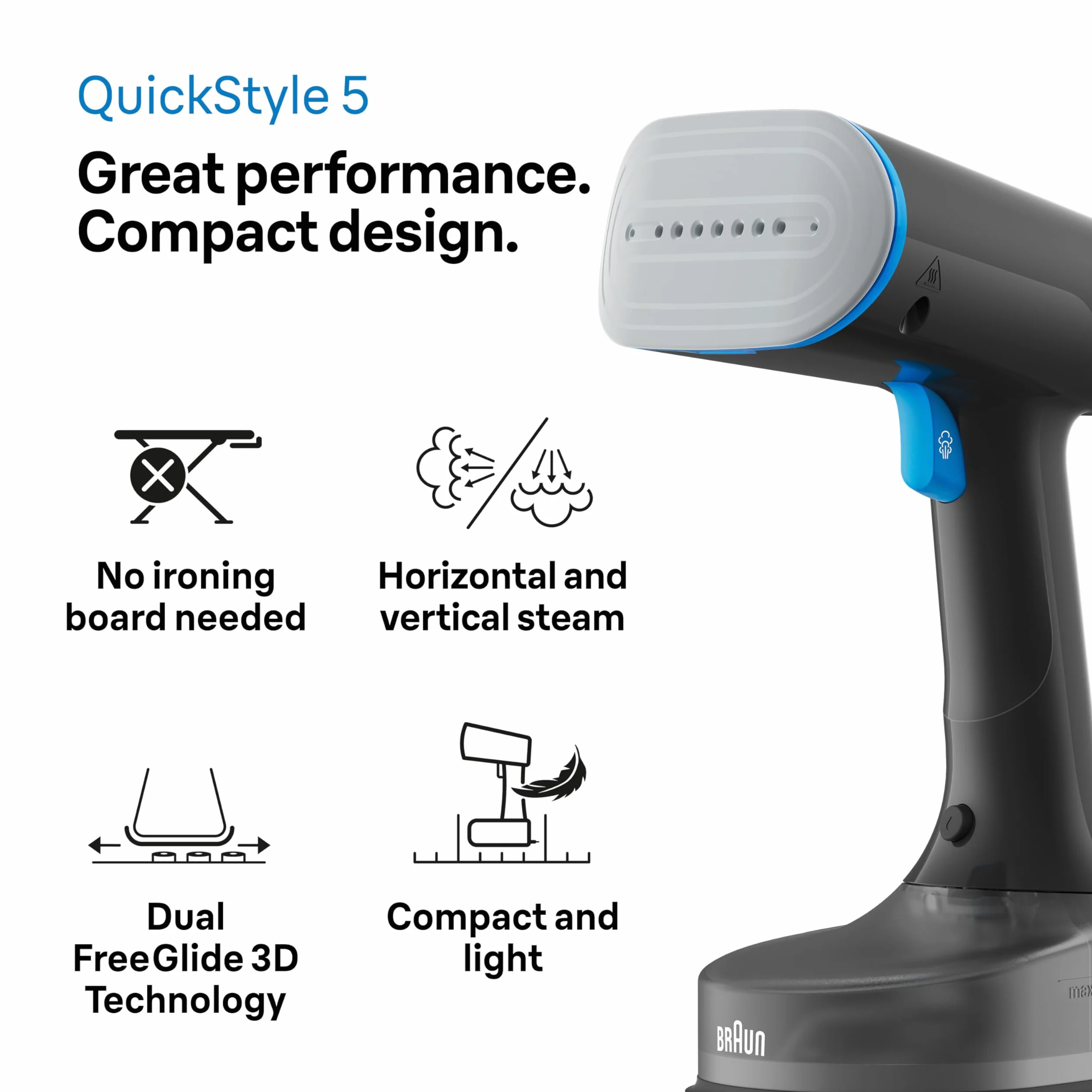 Braun QuickStyle 5 GS5031BL parownica parowa, technologia Dual FreeGlide 3D, technologia FastSteam, para 25 g/min, zbiornik na wodę 150 ml, kabel o długości 2,5 m, gotowy w 45 sekund, 1200 W,